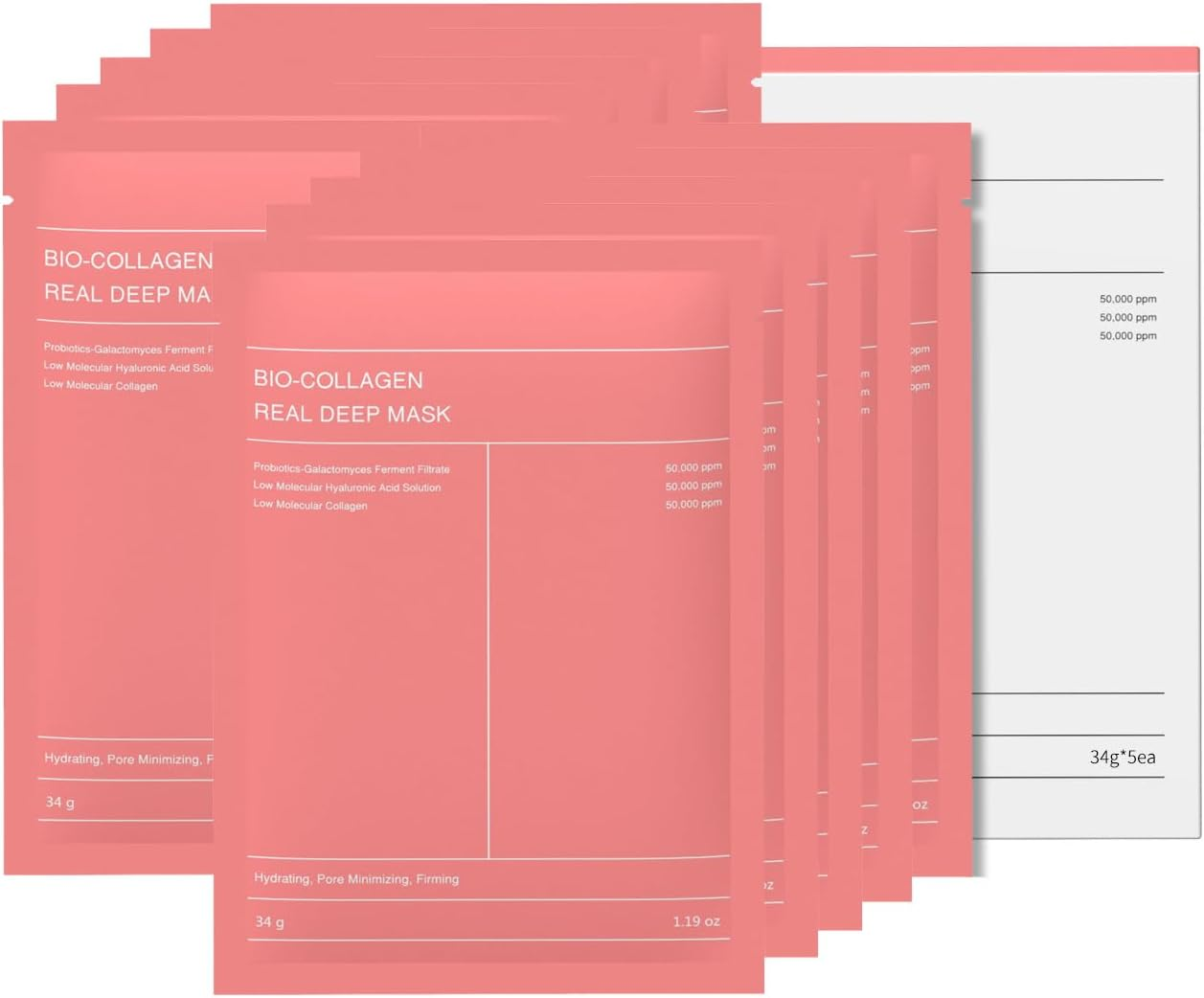 Bio-Collagen Real Deep Mask for Korean Skincare Hydrating Overnight Collagen Mask, Pore Minimizing, Elasticity Improvement, 34G X10Ea (2 Packs/10 Pieces)