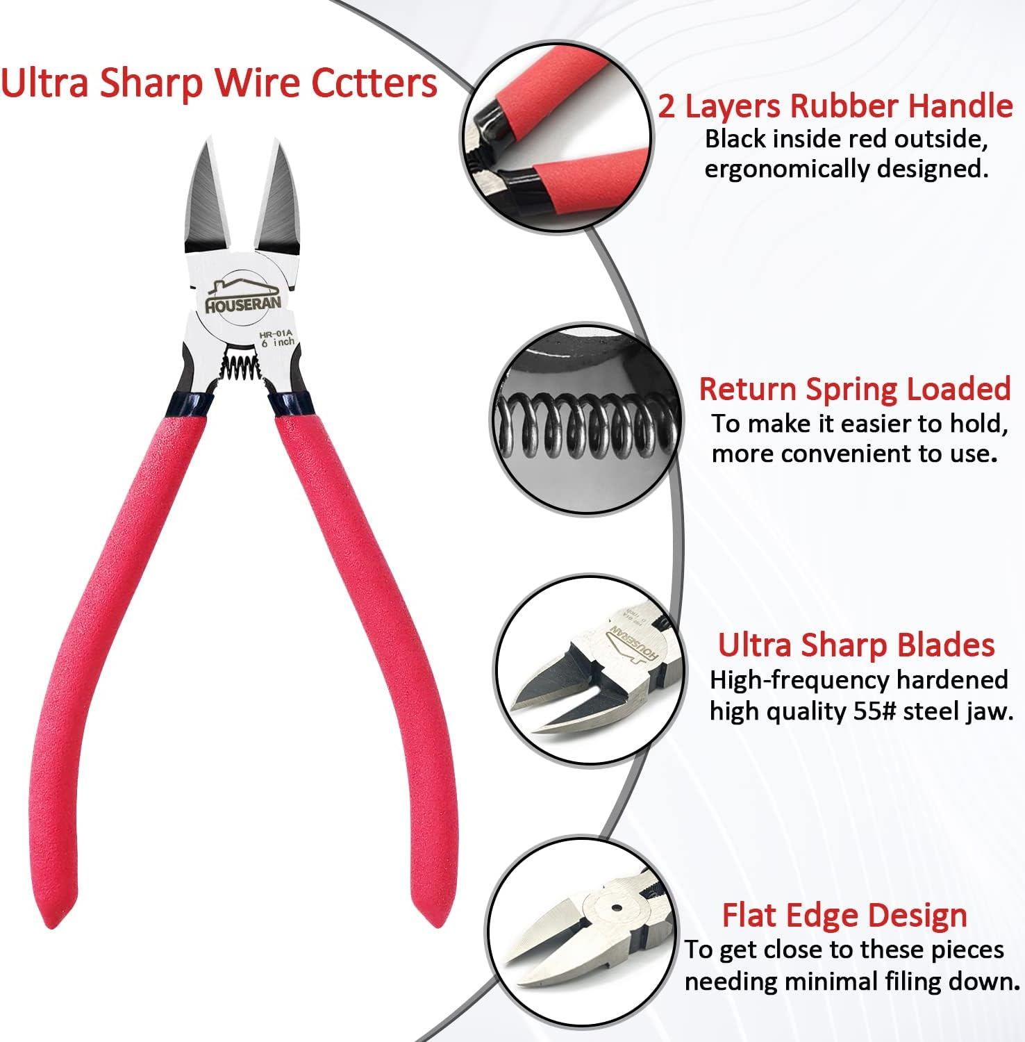 Wire Cutters, 6 Inch Side Cutters, Dikes Wire Cutters Diagonal Cutters with Non-Slip Red Handle, Flush Cutter Pliers, Wire Clippers, Spring Loaded Wire Cutters for Jewelry, Crafting, Zip Tie image number 5