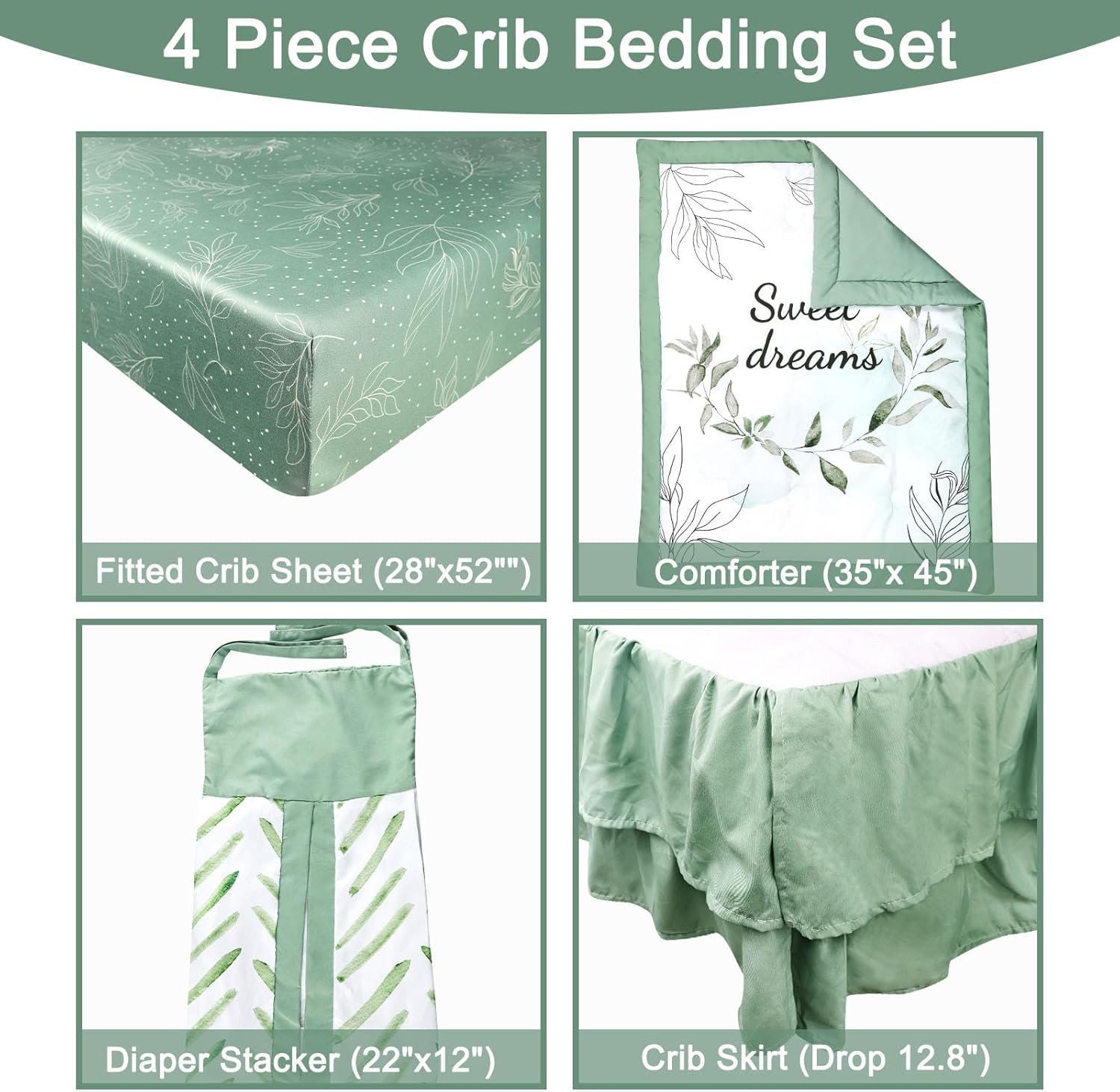 Green Leaf 4-Piece Crib Bedding Set, Baby Boy Bedding Crib Set, Neutral Nursery Bedding Set,Fitted Crib Sheet,Crib Skirt, Baby Quilt, and Diaper Stacker,Sage image number 5