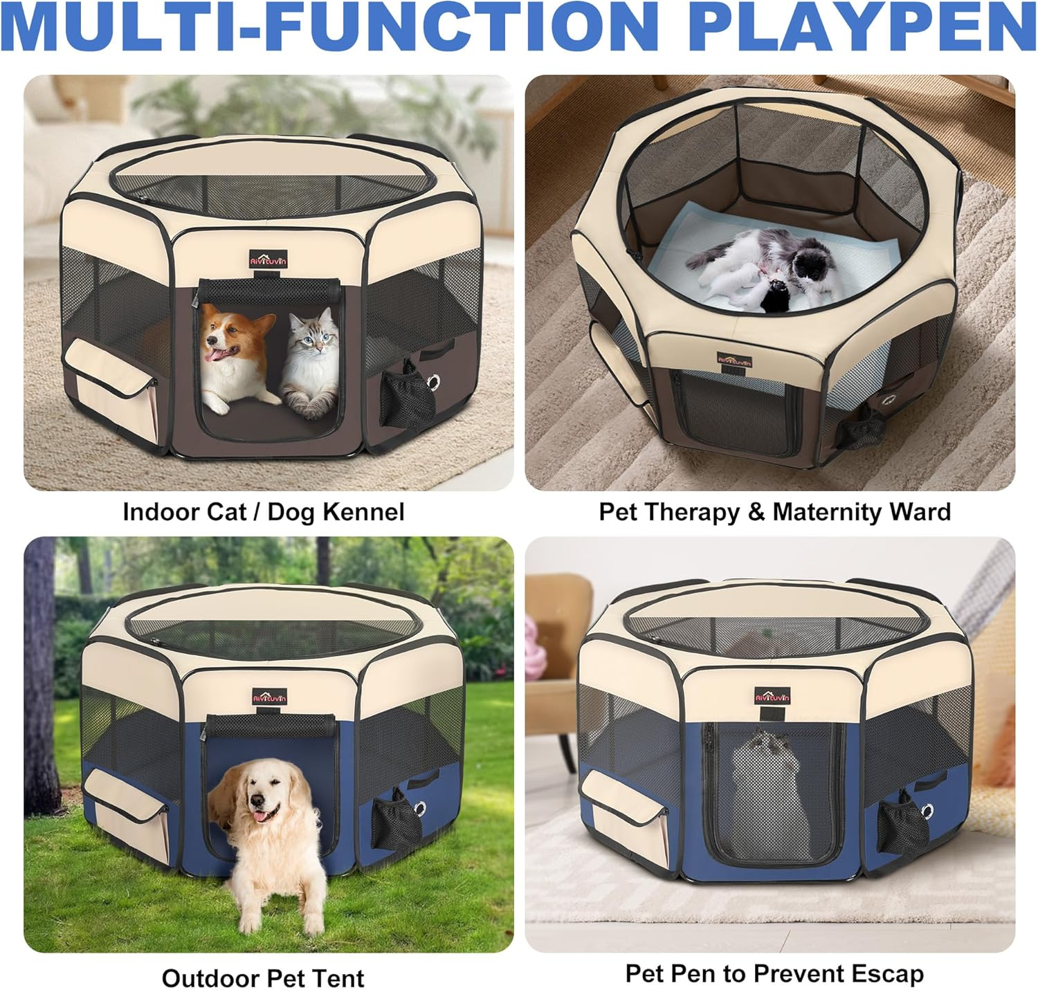 Dog Playpen, Cat Playpen - Foldable Pet Playpen with Carrying Case, Portable Pet Tent for Indoor/Outdoor Use | Water Resistant | Removable Shade Cover - (Blue, Small) image number 4