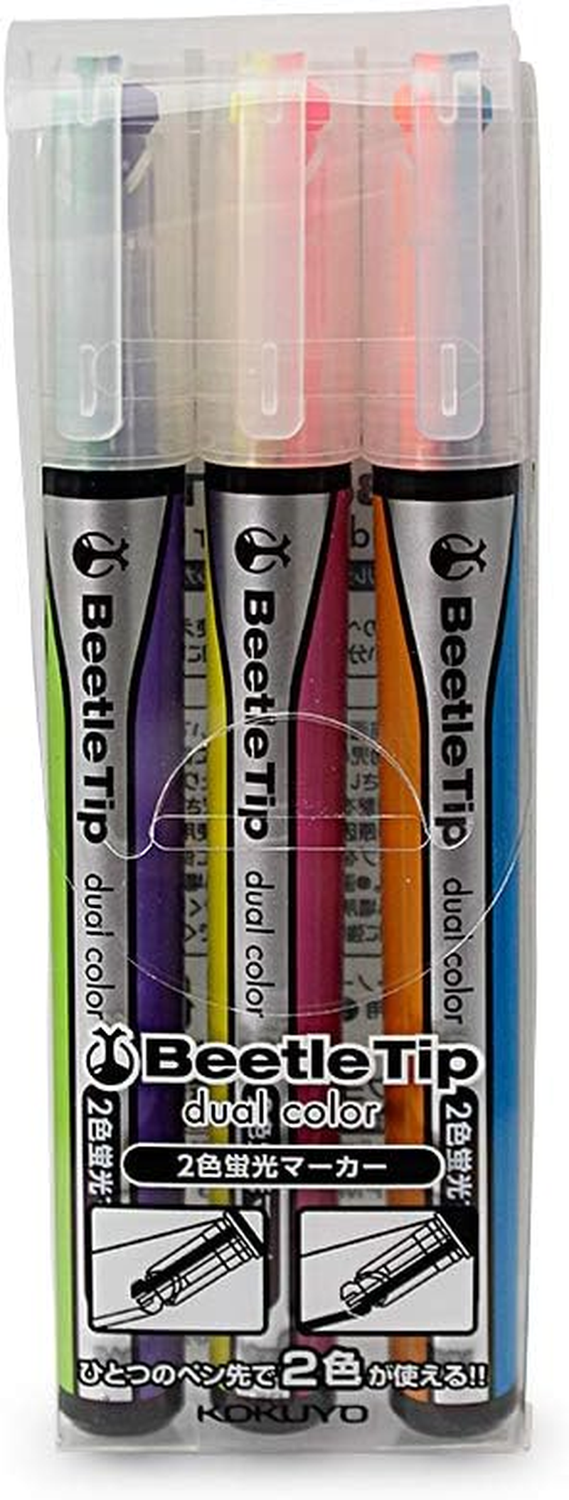 KOKUYO Beetle Tip Dual Color Highlighter, Fluorescent Markers, Soft Colors Set, Japan Import (PM-L313-3S)