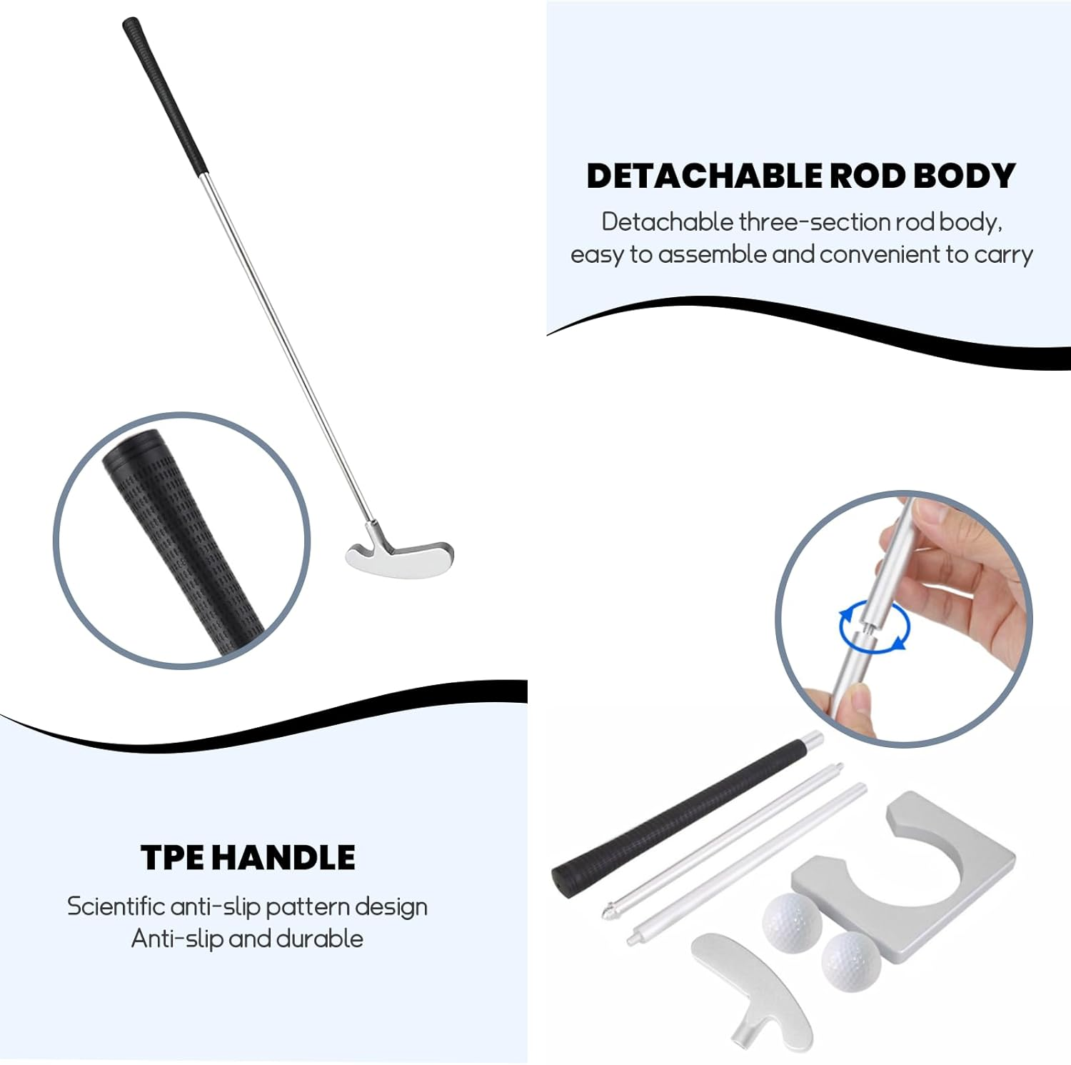 Golf Putting Kit, Portable Golf Putter Set Kit with Putter, Aluminum Alloy Three-Section Detachable Club with Putter, 2 Balls, Putting Green, and Storage Bag for Adult Golf Practice image number 2