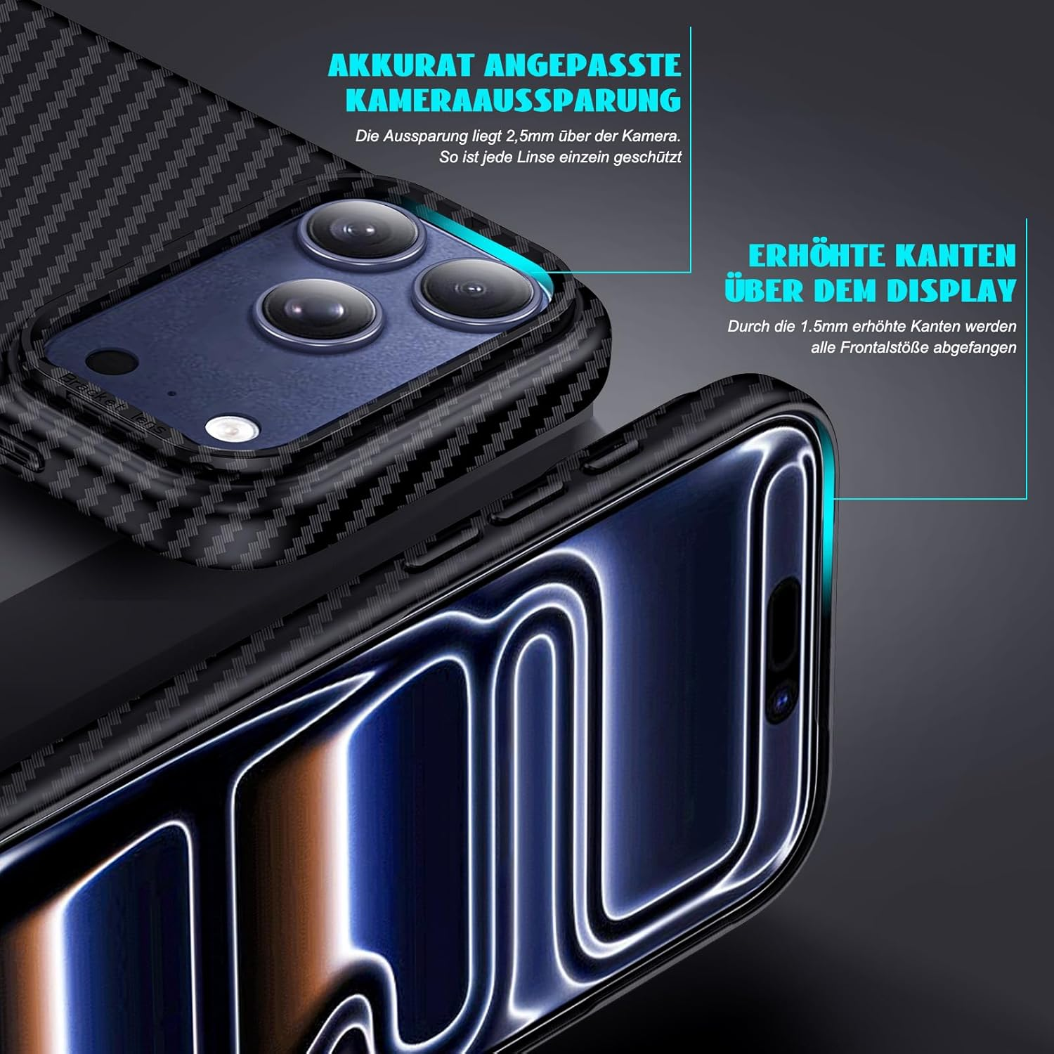 Phoneaura Magcase Deluxe Carbon Case for Iphone 17 Pro, Compatible with Magsafe, Carbon Case, Iphone 17 Pro, Protective Glass Case, Mobile Phone Case (Carbon Look + 2 Protective Glasses + 1 Camera image number 2