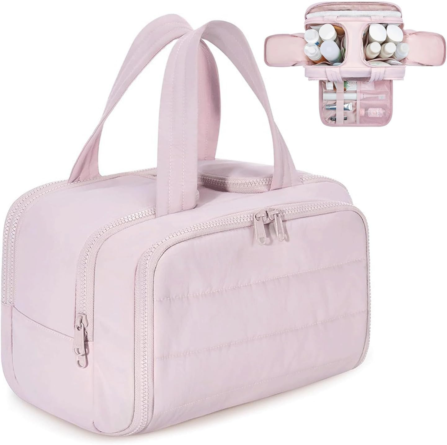 Travel Toiletry Bag, Puff Large Capacity Cosmetic Bag, Lightweight Wide Open Travel Bag for Women, Makeup Toiletry Bag Organizer with Handle for Accessories,Essentials. (Pink) image number 4