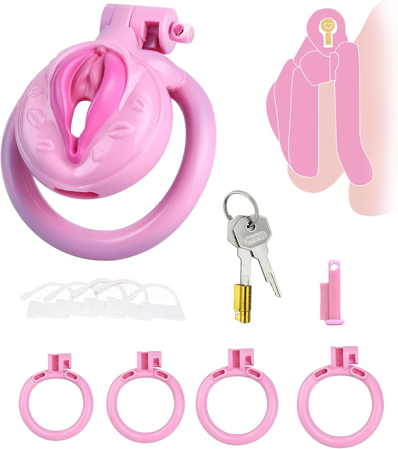 BEWISH Men'S Chastity Cage with 4 Pink Penis Rings Male Chastity Device Penis Cage Genuine Chastity Clitoral Cage Men Locked Pussy Penis Cage BDSM Bondage Sex Toy for Gay Couples
