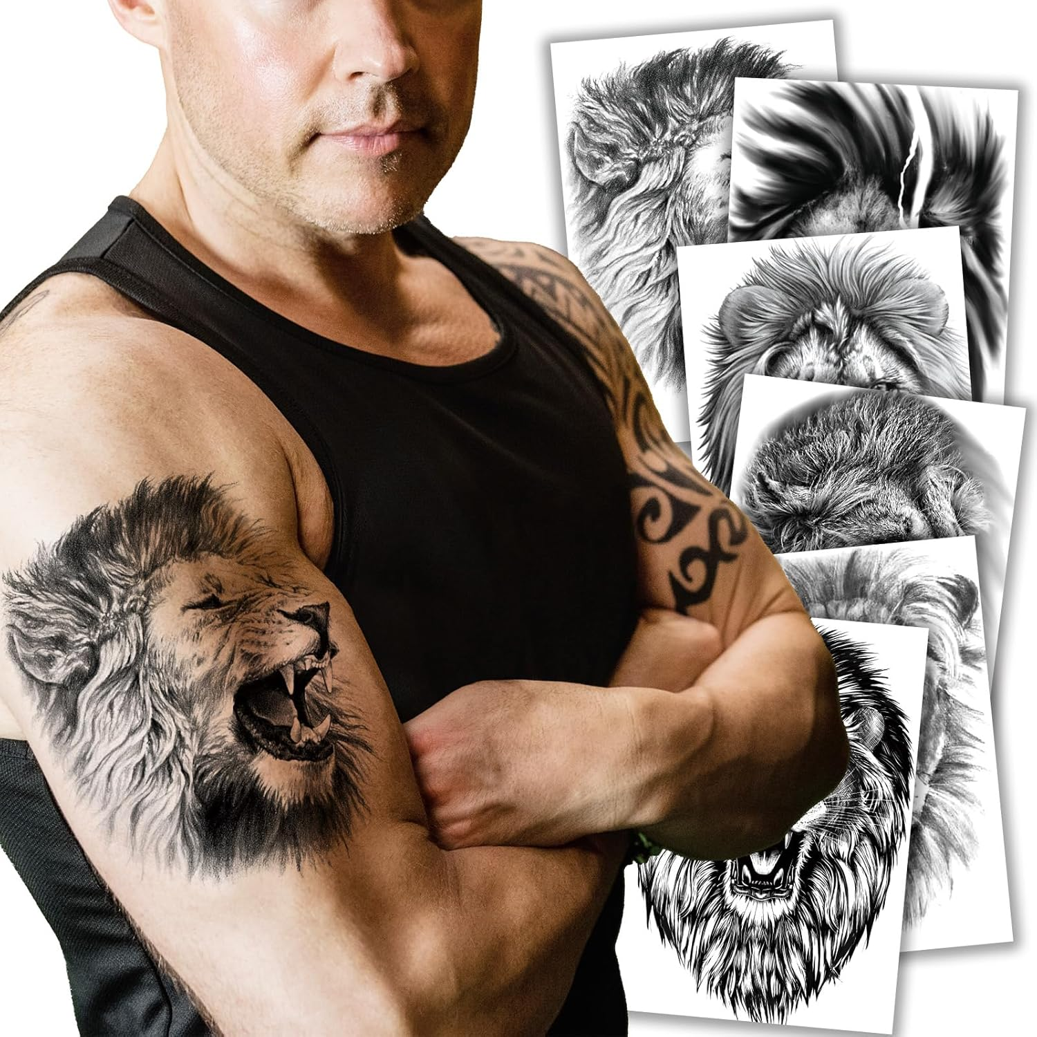 Kotbs 6 Sheets Large 3D Black Lion Face Temporary Tattoos for Men Women, Half Arm Sleeve Tattoo Stickers for Teens Adults, Waterproof Black Lion King Fake Tatoo image number 5