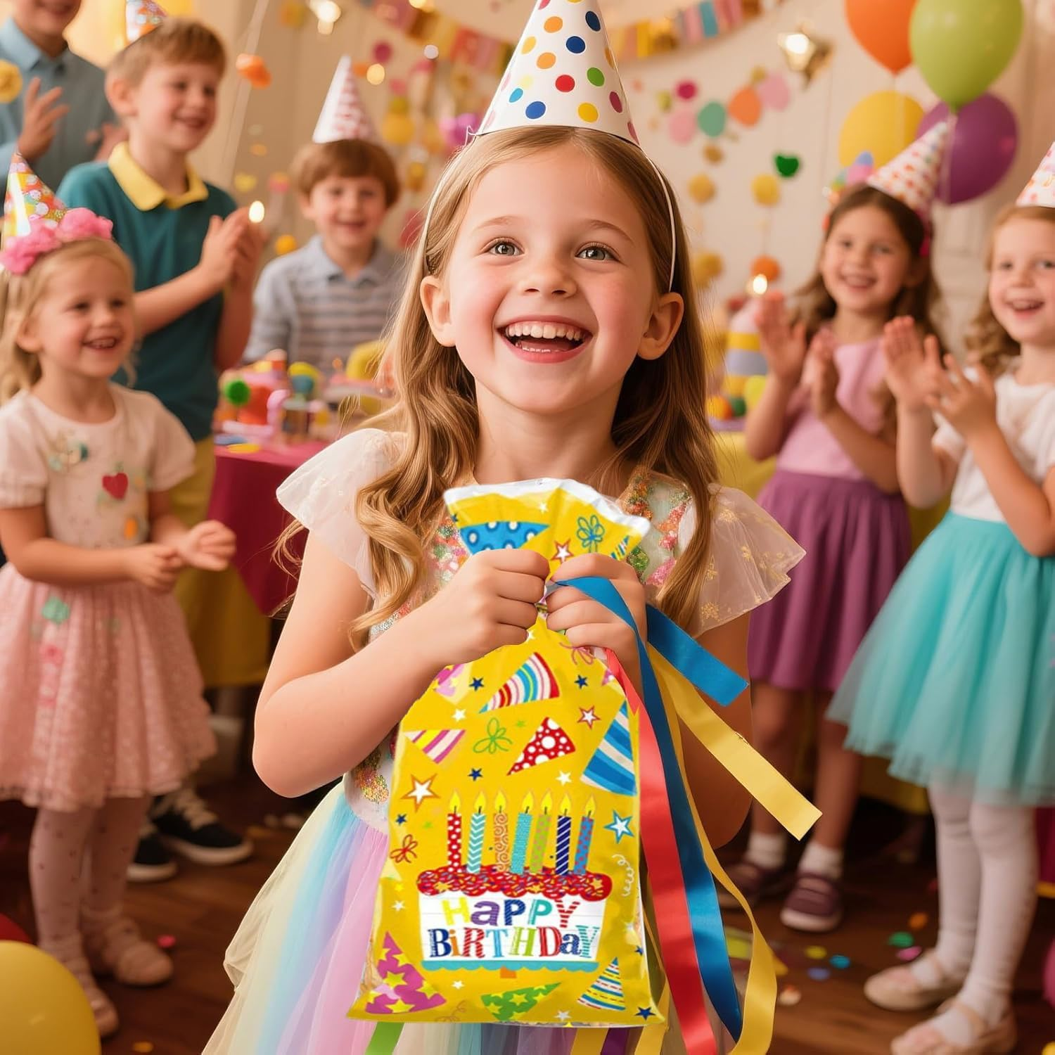 100 Pcs Birthday Treat Bags,4 Cartoon Designs Happy Birthday Cellophane Bags Candy Goodies Snacks Cookies Bags with Twist Ties for Birth Day, Baby Showers, Holiday Party Favor Gift Decor (Colorful) - Colorful image number 2