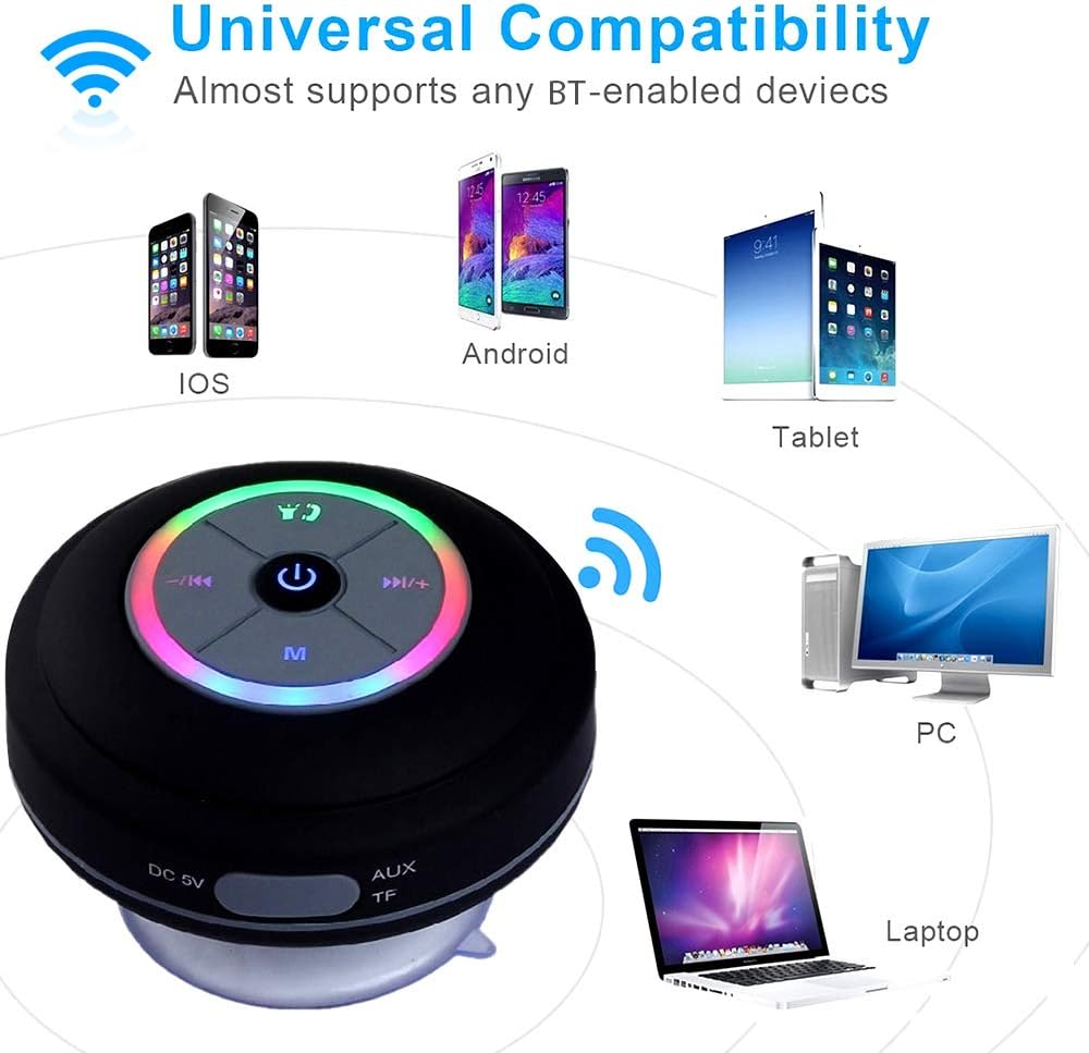 Wirel BT Shower Speaker IPX4 Portable Speakers with Light FM Radio Loud Stereo Sound Built-In MIC Suction Cup Speaker Support Hands-Free Call TF Card for Pool B Home Par Travel S White One Size image number 4