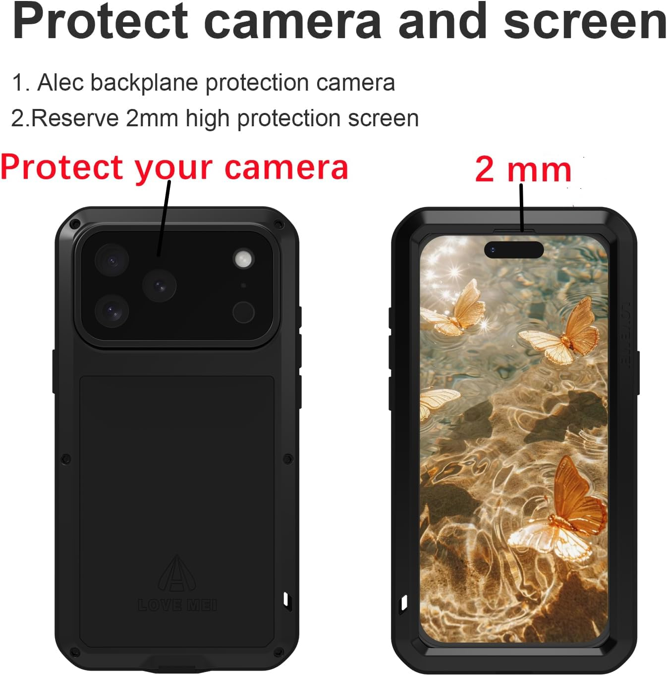 LOVE MEI Compatible with Iphone 17 Pro Max Case, Outdoor Sports Waterproof Military Heavy Duty Shockproof Dust/Dirt Proof Hybrid Aluminum Metal+Silicone+Tempered Glass Full Body Metal Cover (Black) - Black image number 3