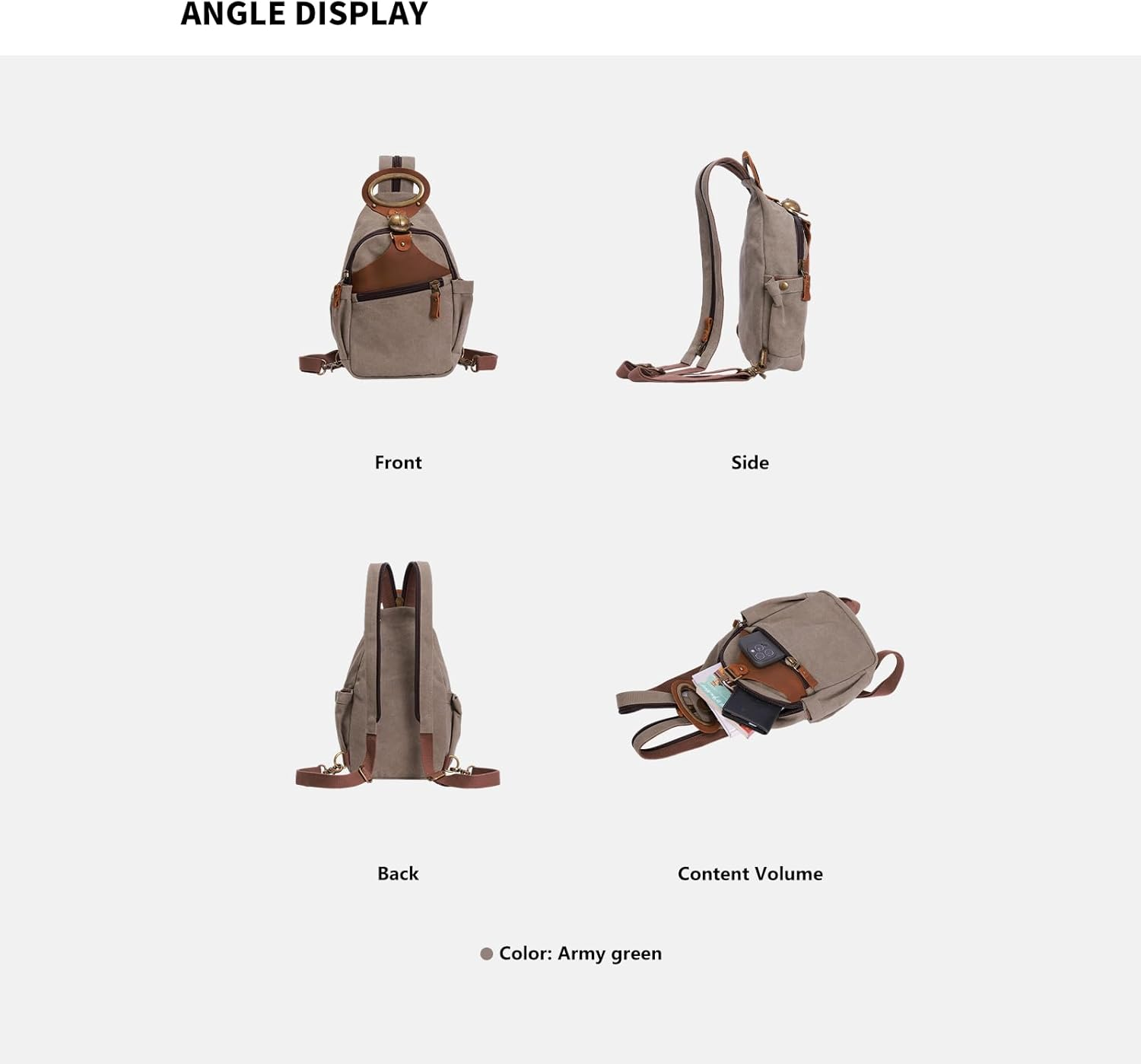 NECTAR YUNBURST Army Green Canvas Leather Compact Multi-Function Gear - Crossbody Backpack/Shoulder Casual Daypack/Versatile Rucksack for Cycling Hiking Travel Outdoor | 40X30X10Cm Unisex image number 5