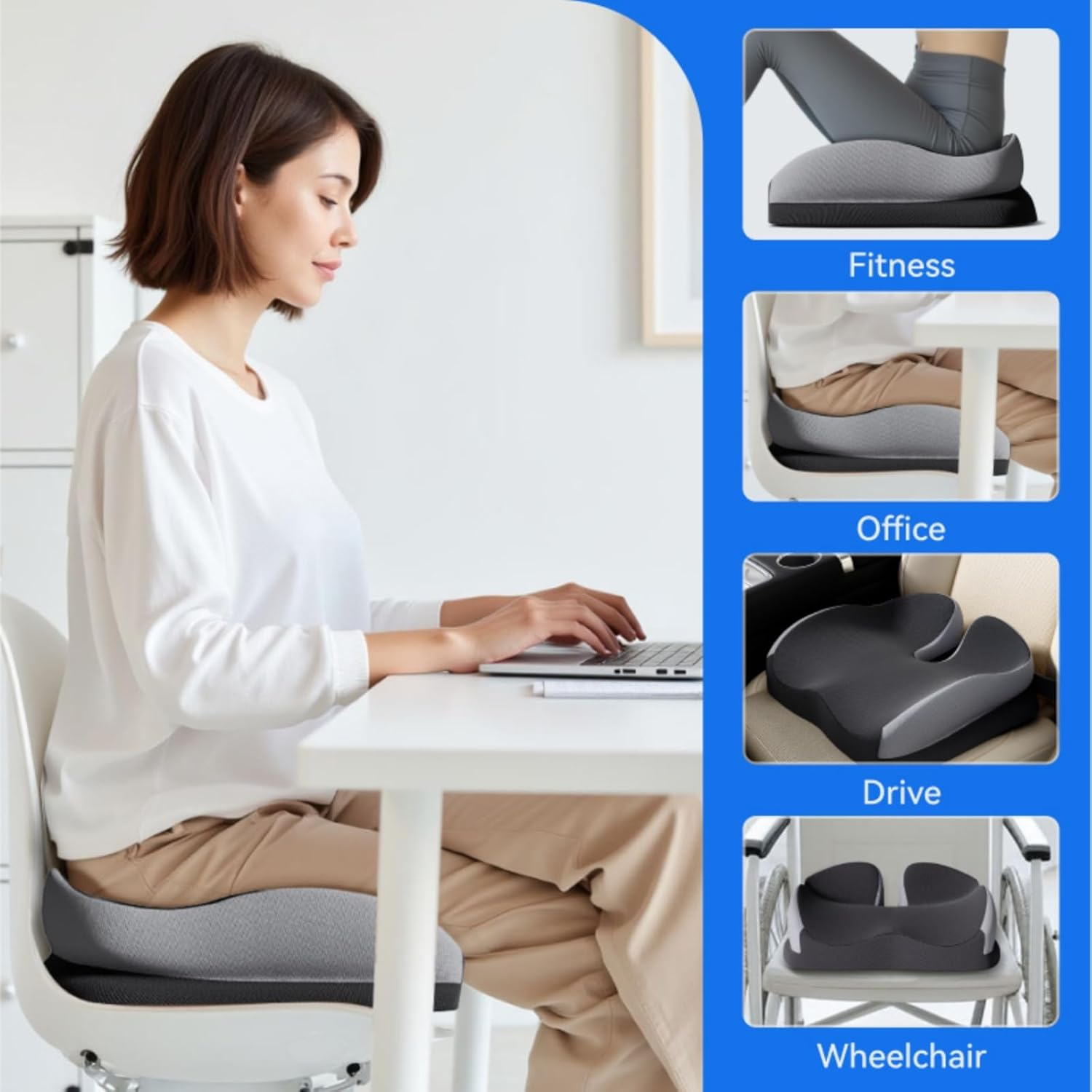 Seat Cushions for Office Chairs Wheelchair Cushion for Long Sitting Back Pain，Memory Foam Seat Car Computer Desk Chair Cushion，Coccyx Cushion for Tailbone Pain Relief Cushion Office Chair Butt Pillow - Black image number 4