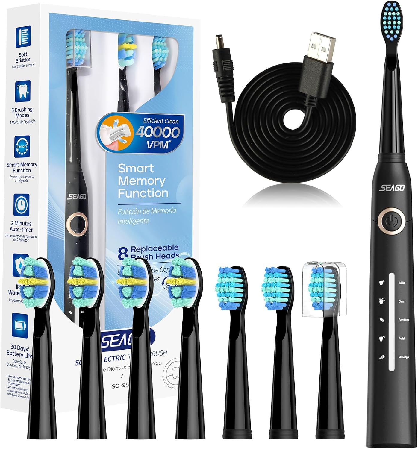 Seago Electric Toothbrush, Rechargeable Power Toothbrush with 8 Brush Heads, 5 Cleaning Modes with Teeth Whitening, 30 Days Battery Life - Ideal for Adults Kids, 40,000 Vpm, Sg-958 Black