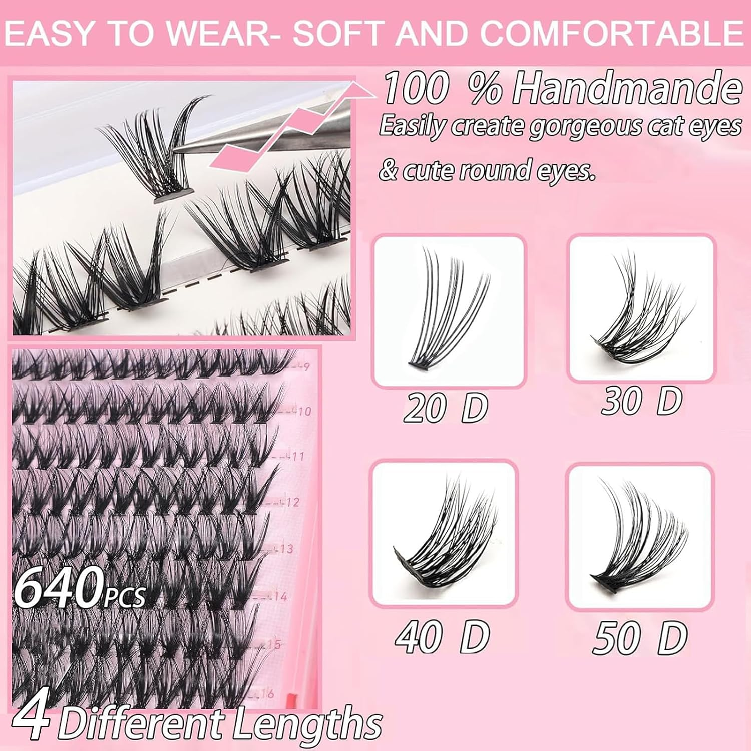 Lash Clusters Kit, 640 Pcs Eyelashes Clusters Extensions Kit 9-16Mm Individual Lashes D Curl Flufffy Wispy False Eyelashes Thin Band, with Bond Seal Tweezers Brush DIY (20D+30D+40D+50D Set 9-16Mm) image number 5