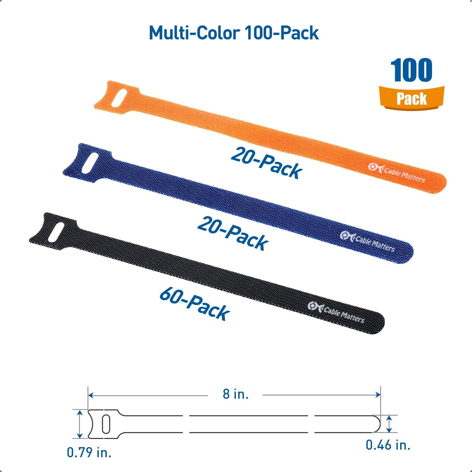 Cable Matters 100-Pack Reusable Cable Ties - 20Cm, Wire Ties with 19KG Tensile Strength, Multi-Color Hook-And-Loop Straps, Black, Blue, and Orange Cable Management Straps image number 1