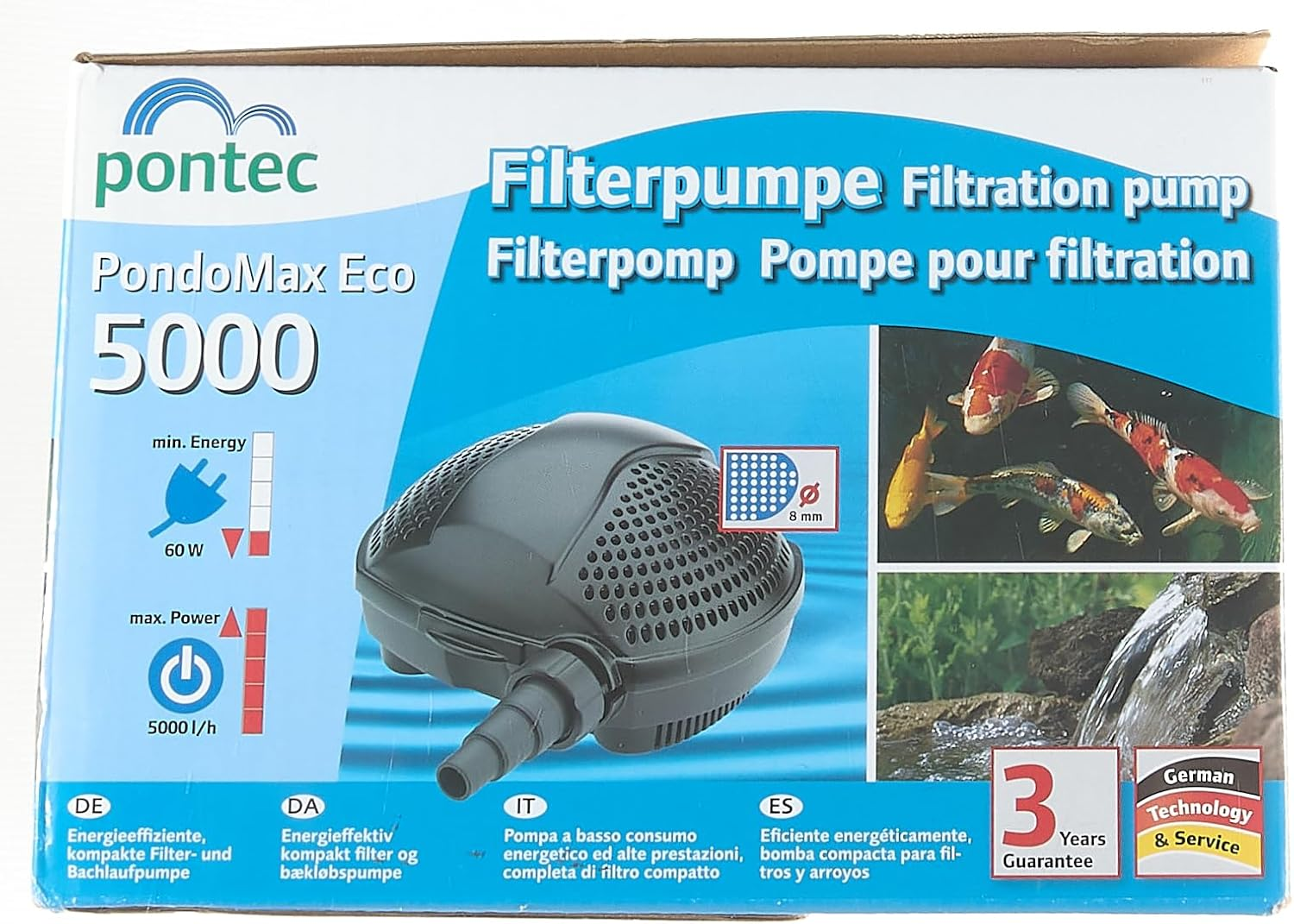 Pontec 50855 Pondomax Eco 5000 Filter and Stream Pump/Energy-Efficient Pump (60 W) for Streams/For Filter Feed, Black