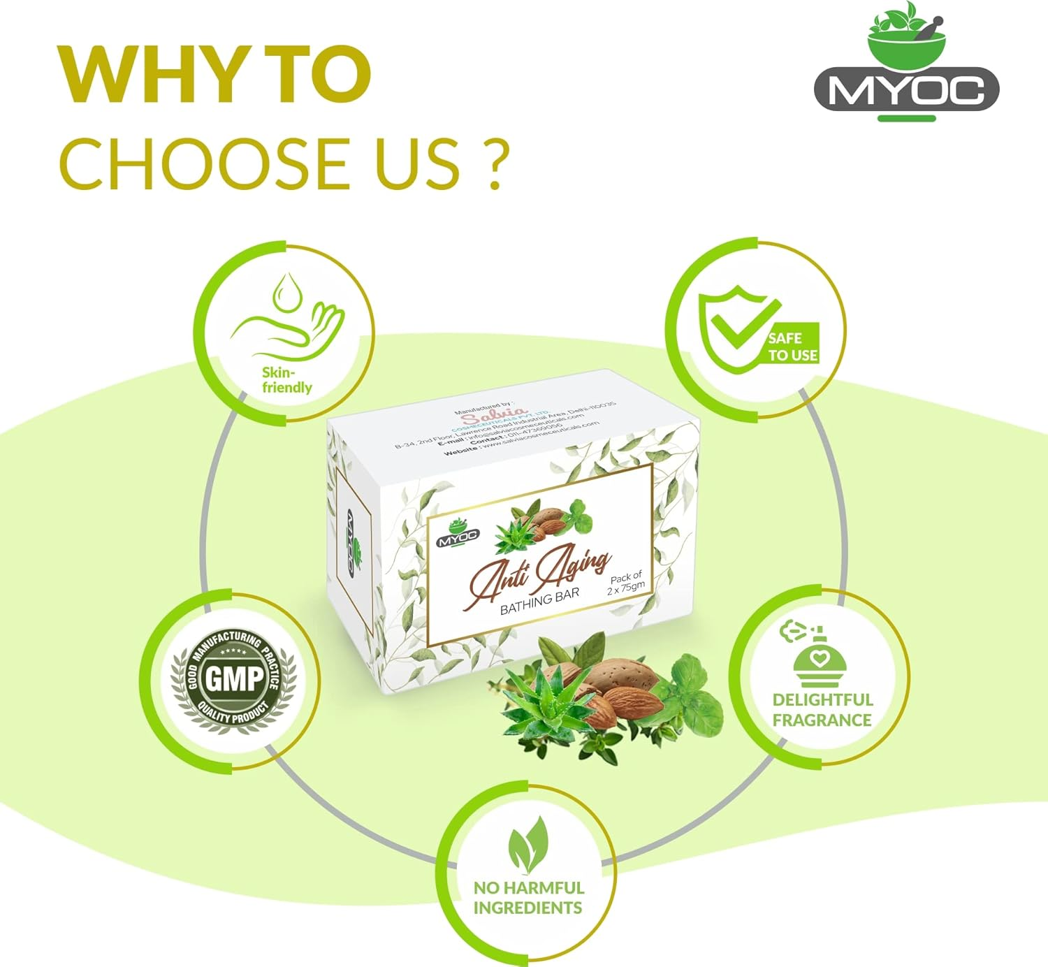 MYOC anti Ageing Bathing Soap with Aloe Vera, Glycerin & Vitamin-E | Minimizes Wrinkles & Fine Lines | Skin Brightening & Moisturizing Cleansing Soap - for Men & Women All Skin Types- 75G (Pack of 2)