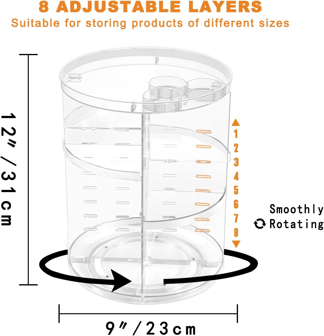 Rotating Makeup Organizer, DIY 8 Adjustable Layers Spinning Skincare Organizer, Cosmetic Display Case with Brush Holder Perfume Tray, Multi-Function Storage Carousel for Vanity Bathroom Countertop - Clear image number 5