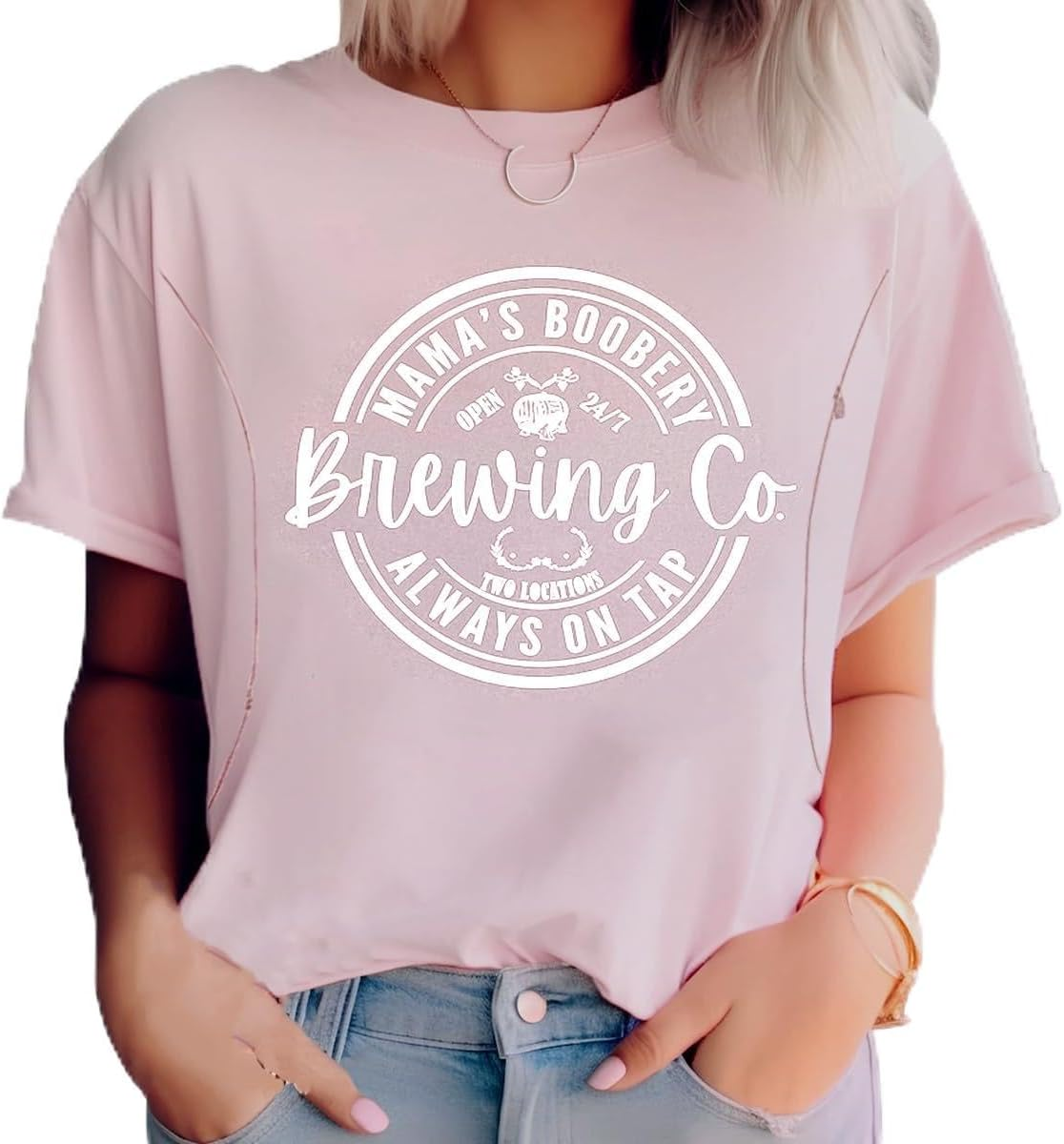 Women Maternity Shirt Comfort Breastfeeding Nursing Friendly Zip Tshirt Causal Mama'S Boobery Always on Tap Shirt image number 5