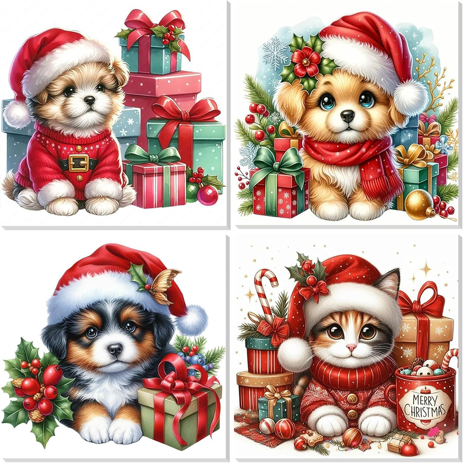 HEIBAGO Christmas Framed Paint by Numbers for Audlts, 4 Pack Animal Paint by Numbers Canvas, Audlt DIY Owl Oil Paint by Numbers Kits, Elk Painting Art Craft for Home Wall Decor 20X20Cm