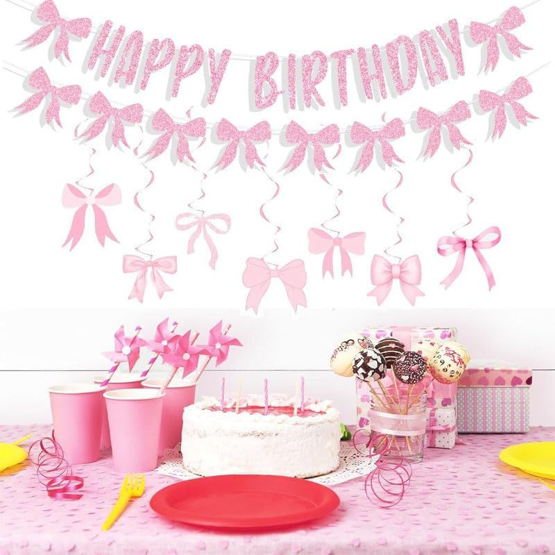 WADY 30Pcs Pink Bow Happy Birthday Banner Set with Glitter Garland & 7 Hanging Swirls, Girly Birthday Party Decorations for Girls, Bow Themed Backdrop Wall Hanging (Pink) - Pink image number 3
