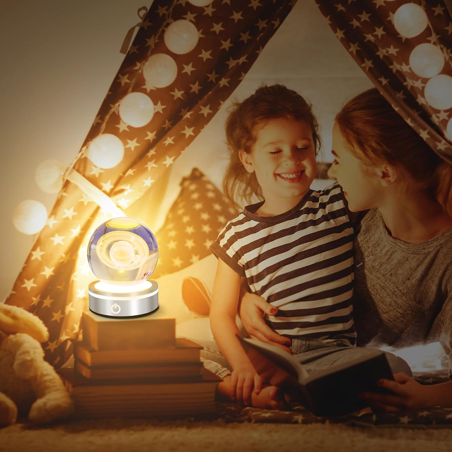 Crystal Ball Night Light, 3D Engraved Space Crystal Ball with Colorful Light Base, Portable Crystal Ball Night Lamp, Decorative Galaxy Globe Lamp, Crystal Display Sculpture for Home Decor (Saturn) image number 4