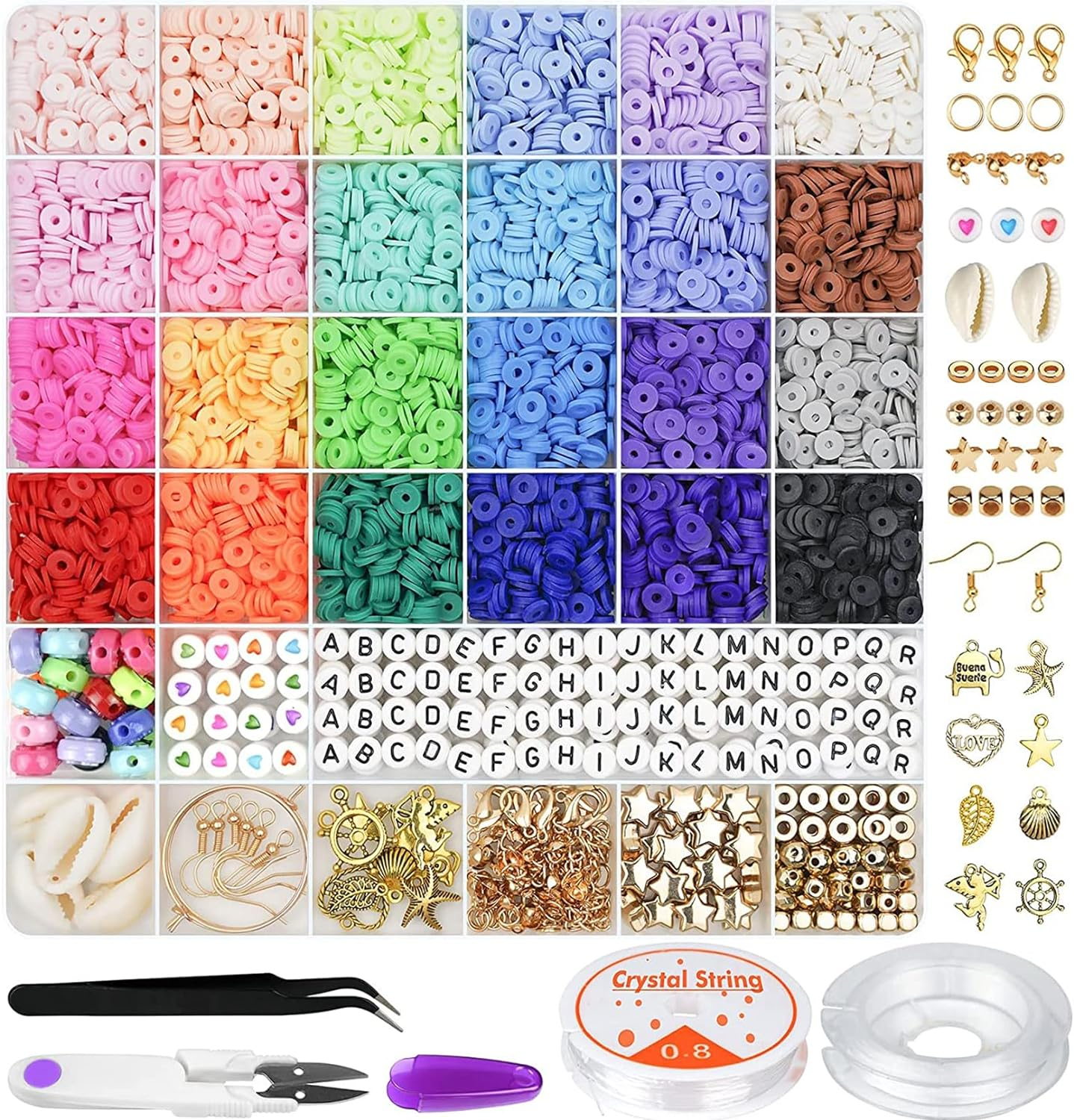 UKKQES 6000 Pcs Bracelet Making Kit，24 Colors Flat round Polymer Clay Beads 6Mm Spacer ，Heishi Beads with Charms and Elastic Strings Letter Beads for Jewelry Making Kit & Craft Supplies image number 4