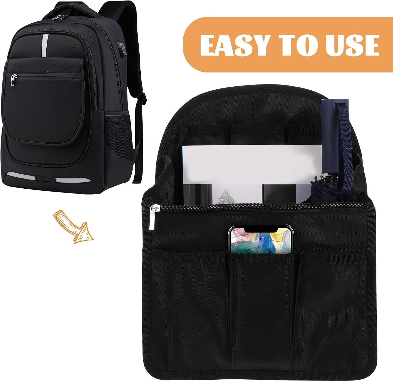 FINISPERSOO Backpack Inner Bag Organizer Insert for Shoulder Bag Portable Universal Storage Divider with Structured Support, Large Size in Elegant Black, Suitable for Travel and Daily Use image number 5