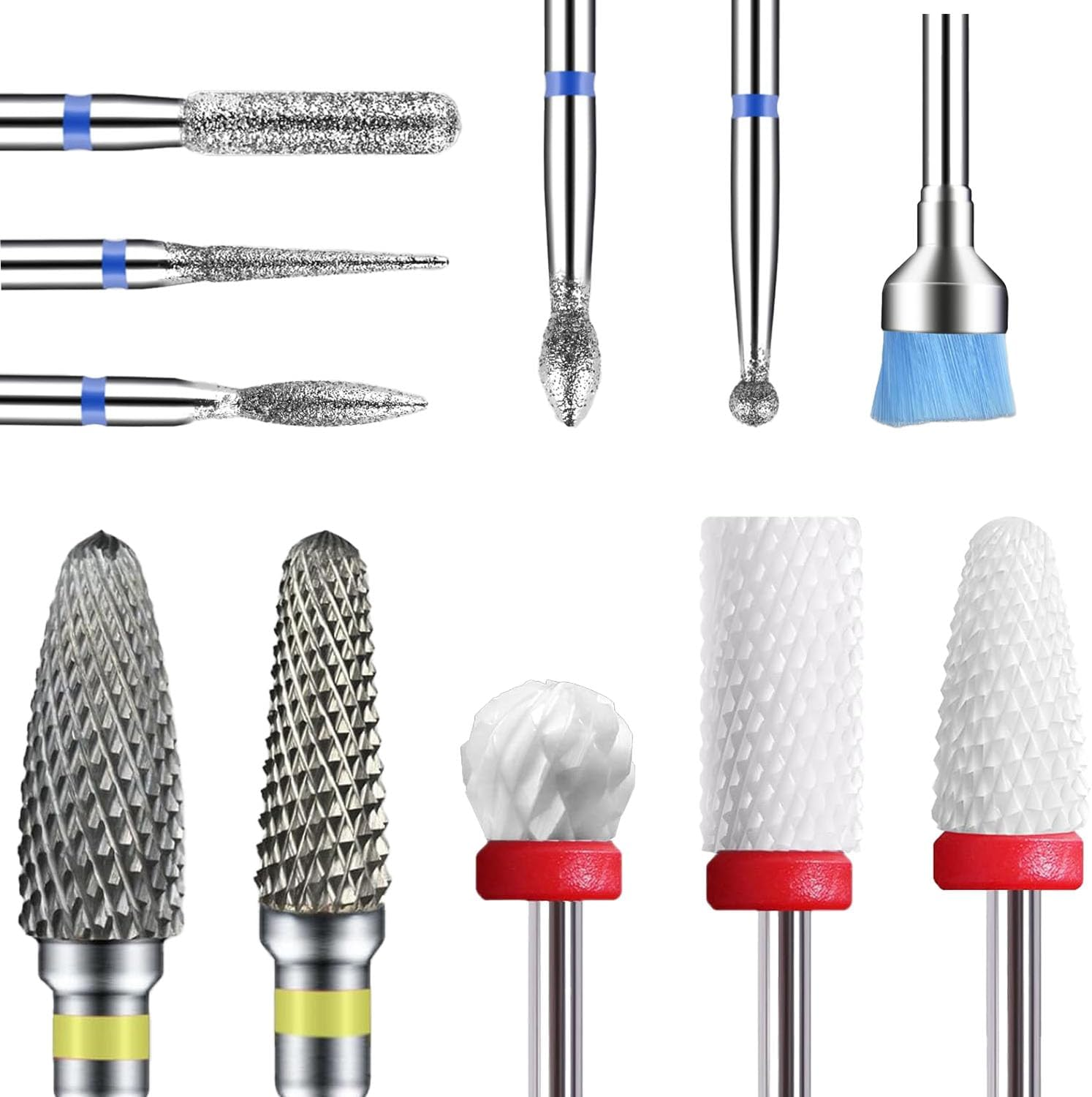 Depvko 11 X Nail Drill Bits Set, Drill Bits for Nails, 2 X Tungsten Carbide Drill Bits + 3 X Ceramic Efile Nail Drill Bits + 5 X Diamond Bits + 1 X Brush, 3/32 Inch Cuticle Cutter Bit for Gel Nails image number 1