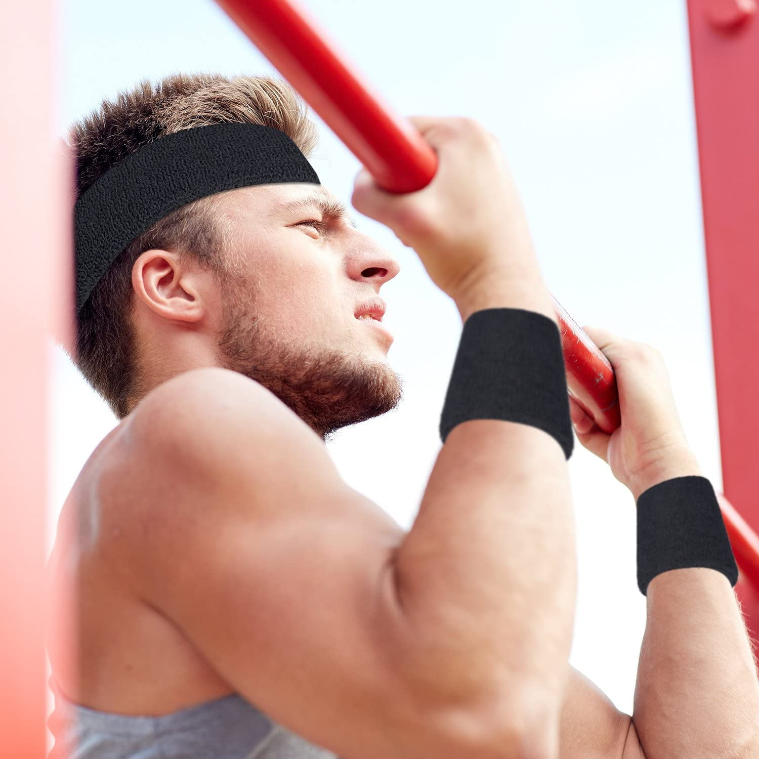 Sweatband Set,3 Pcs Sports Headband and Wristband Set Tennis Striped Sweat Band Sports Competitions Sports Games for Men Women Party Supplies image number 4