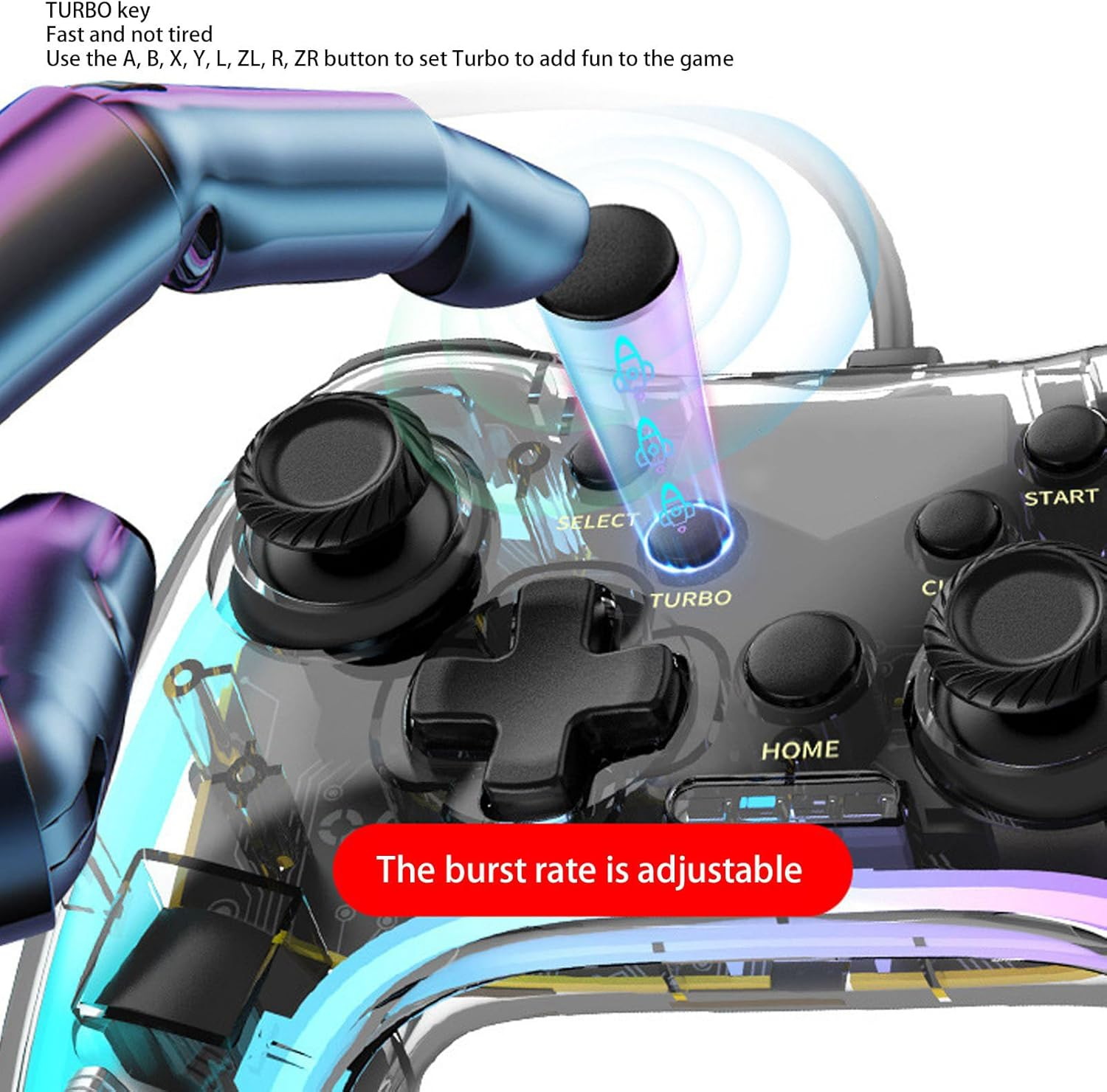 Wired Controller for Switch, PC, PS3, IOS, OS X, Wired Game Controller with RGB Light, 6 Axes Gyroscope Burst Wake up Function Transparent Gamepad for Switch for PS3 PC image number 6