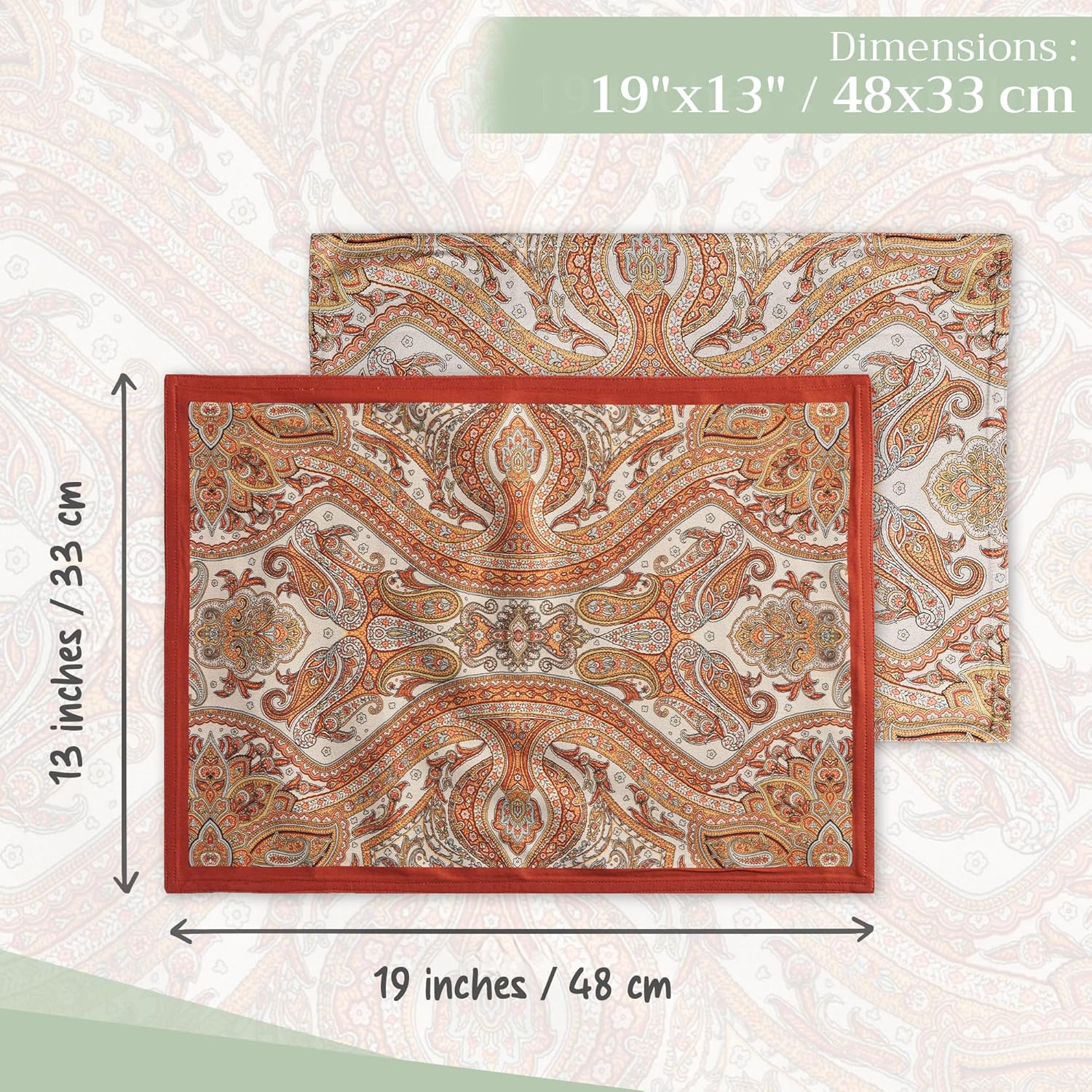 Maison D'Hermine Placemats Set of 4 100% Cotton Washable Cloth Place Mats, Reusable Table Mats for Kitchen Dining Decoration, Party, Wedding, Restaurant (Kashmir Paisley, 13" X 19")