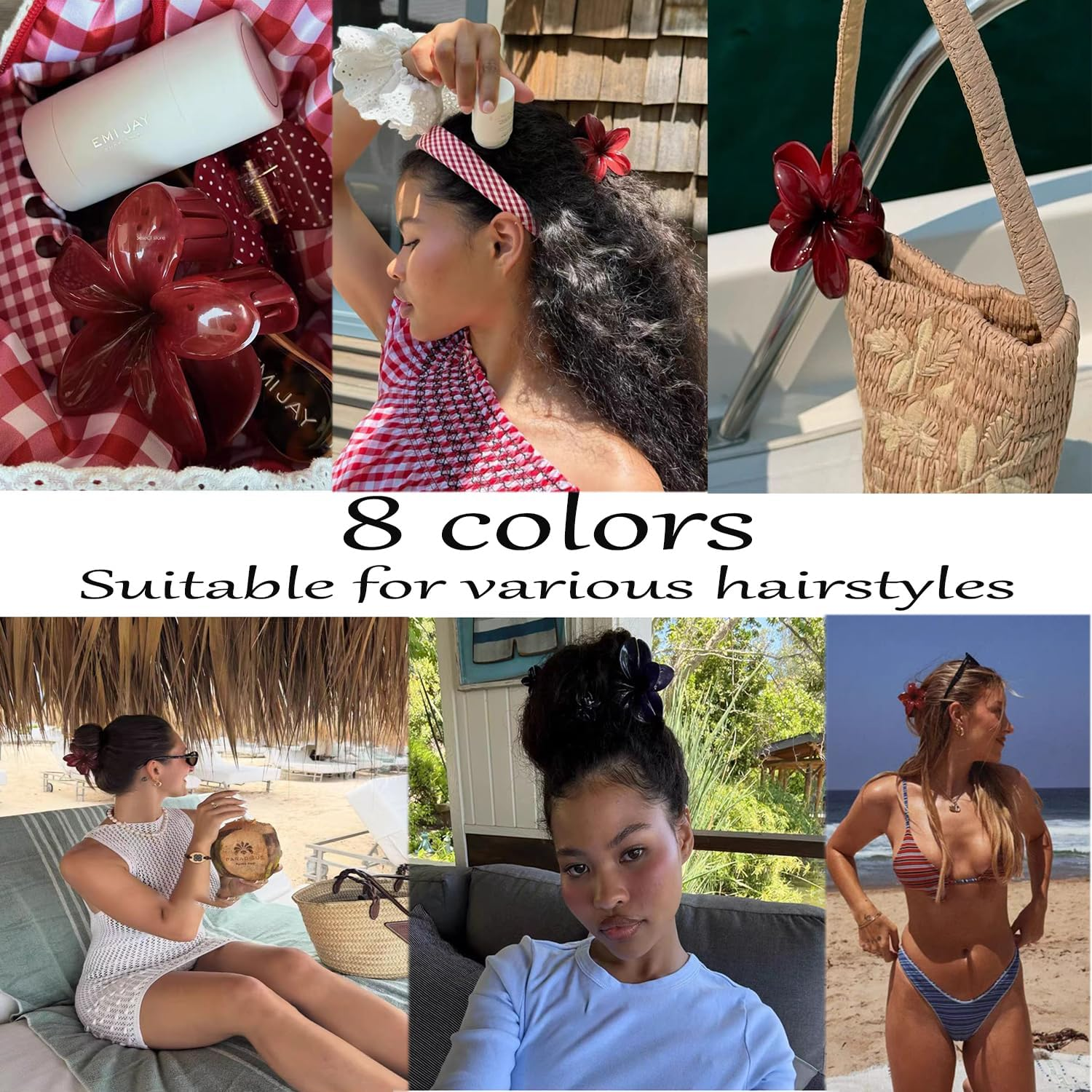 Flower Hair Claw Clamp for Women Large Hawaiian Flower Clip for Thin Thick Curly Hair (Black, White, Red) image number 6