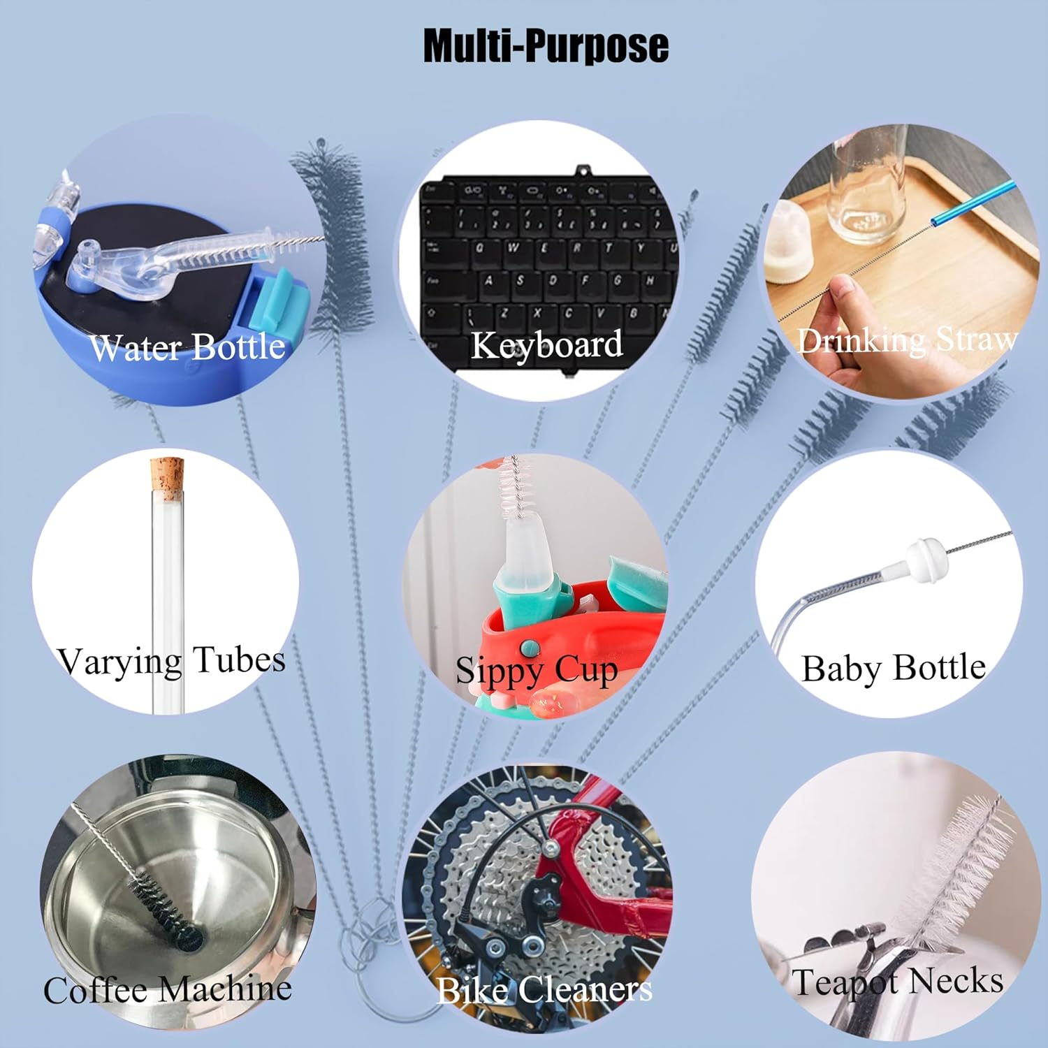 FOREVERIE Straws Brush Pink, Multi Uses & Flexible for Cleaning Narrow Tube and Pipes, Small Nozzles, Small Turning Area, Teapots Etc., Bristles Size from Minimal to Large, Set of 10 - Pink image number 5