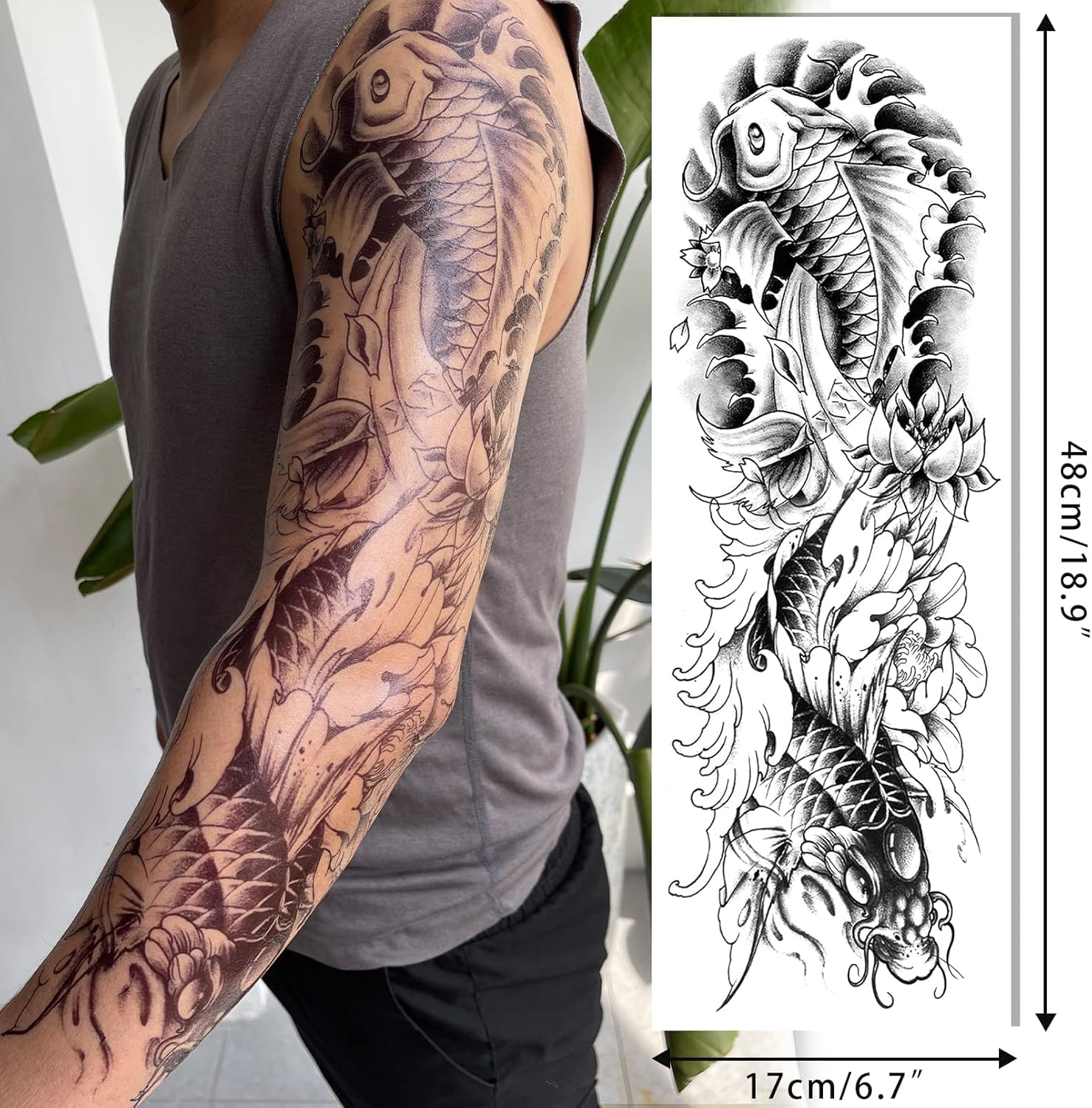 Aresvns Japanese Sleeve Tattoos for Men and Women 20 Sheets, Full Arm Temporary Tattoos for Adults, Waterproof Large Koi Fake Tattoos for BBQ Pool Beach Party image number 5