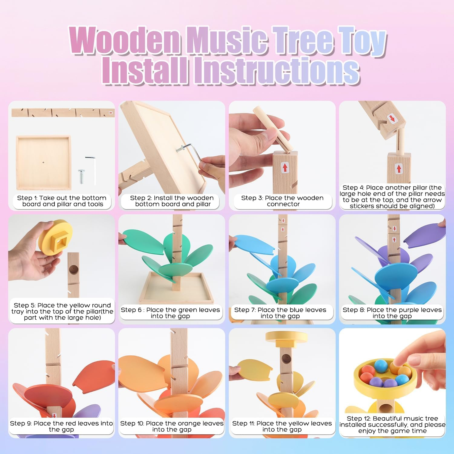 Wooden Marble Run Musical Tree Toy, Educational Ball Track Learning Game, Colour Sorting Toy for Kids 3+ Years，Children'S Gift - Wooden Puzzle image number 4