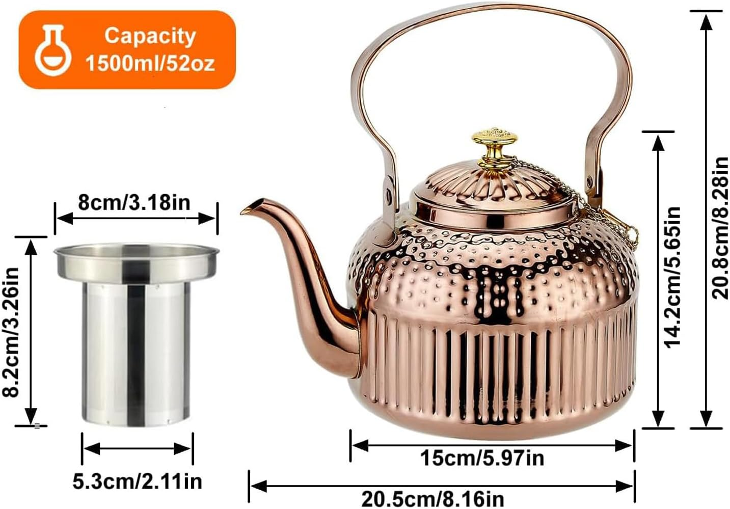 SANQIAHOME Copper Teapot with Infuser 1.5 Litres, Stainless Steel Water Boilers Loose Leaf Tea Maker Water Kettle for Stovetop Induction/Gas image number 7