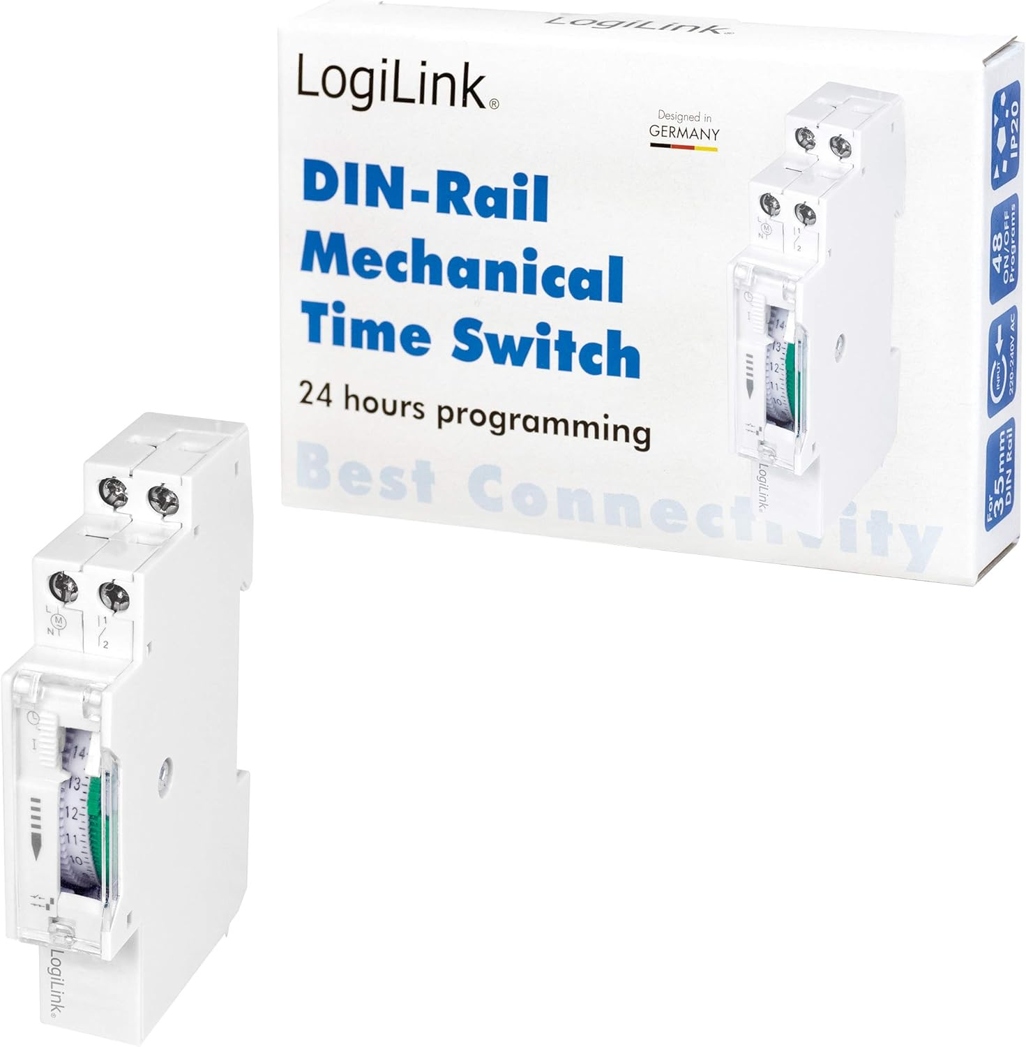 Logilink ET0009 Din-Rail Mechanical Timer for Easy Switching of E.G. Neon Lights, Water Heaters, Lanterns, Irrigation Systems, Etc, IP20 Protection, Multi-Coloured, 138Mm image number 2