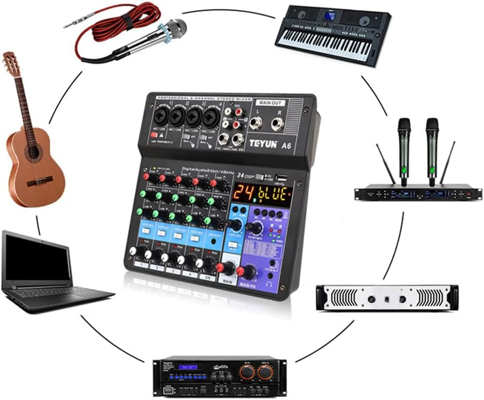 Mingzhe A6 6CH Protable Mini Mixer Audio Console with Sound Card USB Recording Singing Webcast Party Mixer image number 1