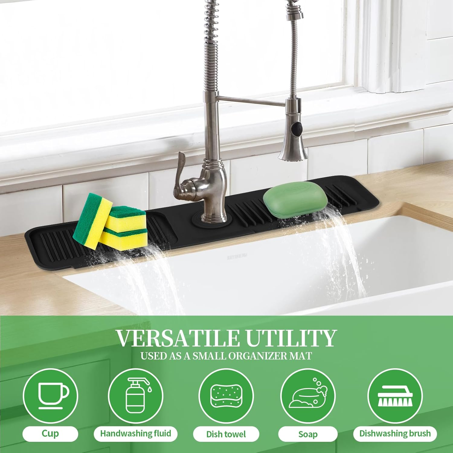 Dolic Faucet Mat for Kitchen Sink, Silicone Splash Guard with Rapid Drying & Dish Soap Sponge Holder, Perfect for Kitchen & Bathroom (Black, 61 X 15Cm) image number 1