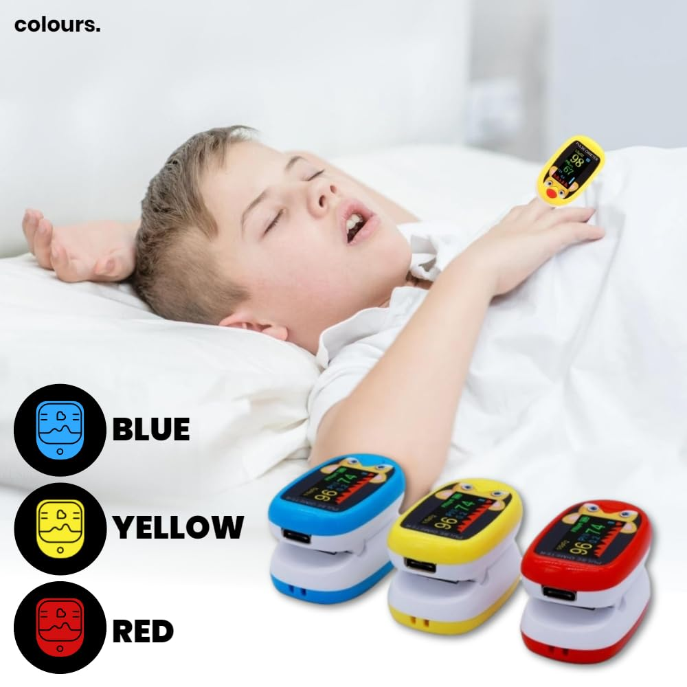 Cute Fox Finger Pulse Kids Oximeter Children Infants Babies Blue Red Yellow | Rechargeable Heart Rate Blood Oxygen Saturation Monitor Spo2 PI LED Display (Yellow)