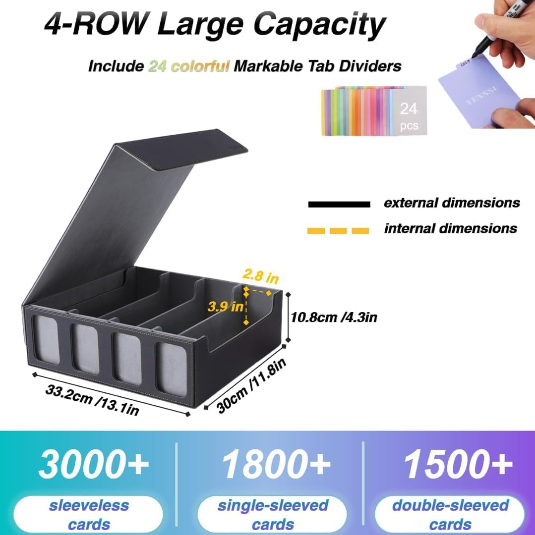 Cyperever Card Deck Box Trading Card Storage Box, Playing Card Case with 4 Display Windows, Magnetic Storage Boxes with 3000+ Trading Cards Storage, 48 Colorful Dividers, 4 Supporters & Strap Black image number 1