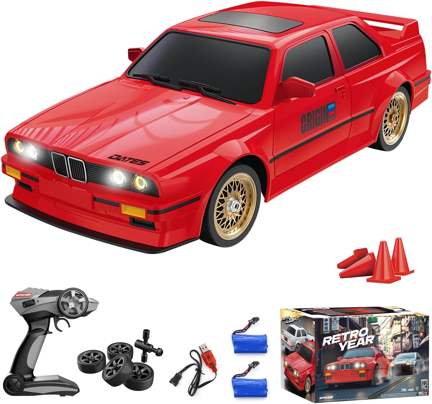 RC Drift Car for Kids Adults 1:16 Scale 2.4Ghz 4WD High Speed RTR Racing Car 30KM/H with Led Lights Remote Control Vehicle Sport Toy Gifts for Girls Boys, Two Batteries and Drift Tire Included image number 2