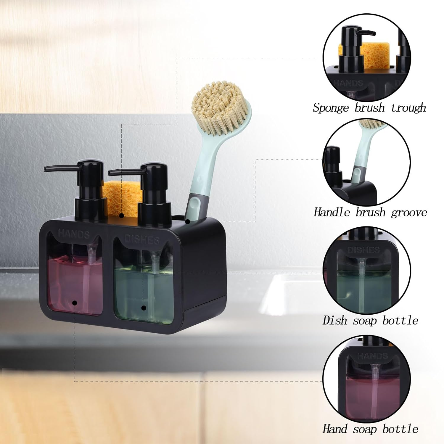 Dish Soap Dispenser for Kitchen Countertop with Sponge Caddy and Brush Holder - Refillable Non-Slip Dual Pump 4-In-1 Dispenser Soap Dispenser for Kitchen Sink, Essential Kitchen Gadgets &ndash; Black