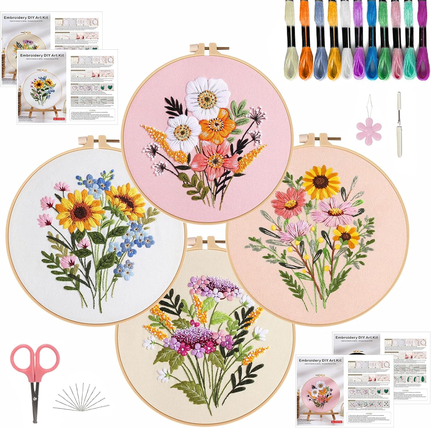 SHIPKEY 4 Sets Embroidery Kit, Beginner Stamped Stitching Kit for Adult, Starter Hand Embroidered Kits with Stamped Patterns | Sunflower