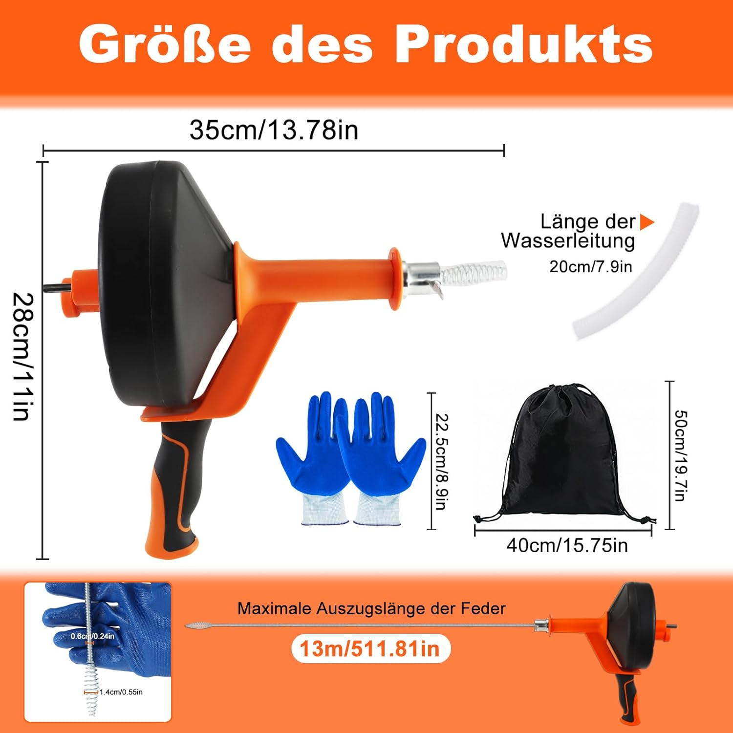 Pipe Cleaning Spiral 13 M, Drain Cleaner Spiral for Pipe Cleaning, Reusable Drain Spiral Pipe Spiral with Waterproof Gloves, Can Be Connected to an Electric Drill image number 4