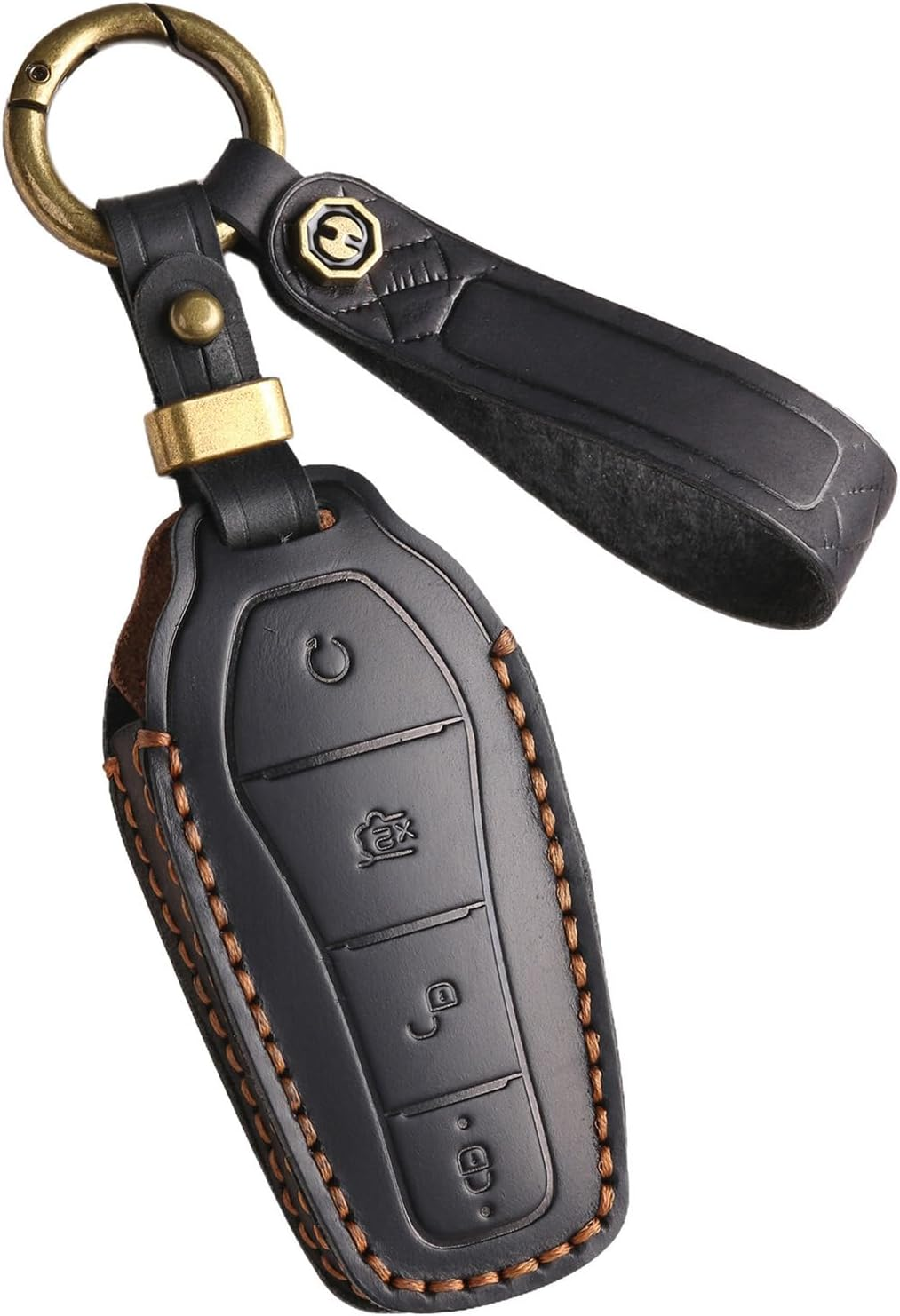 Ontto Cowhide Car Key Cover Fit for BYD Atto 3 Dolphin Seal U Dm-I Sealion 7 Sealion 6 Shark 6 Key Holder Leather Case Keyring Keychain Smart Shell Protector Accessories 4 Buttons Blue