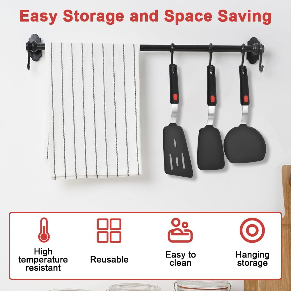 Large Silicone Spatula Turner Set of 3,Silicone Turner Spatula,Silicone Spatula for Cooking,Non-Stick,Heat Resistant, Easy to Clean, BPA Free Rubber Spatula for Egg, Pancake, Fish, Burger (Black) image number 4