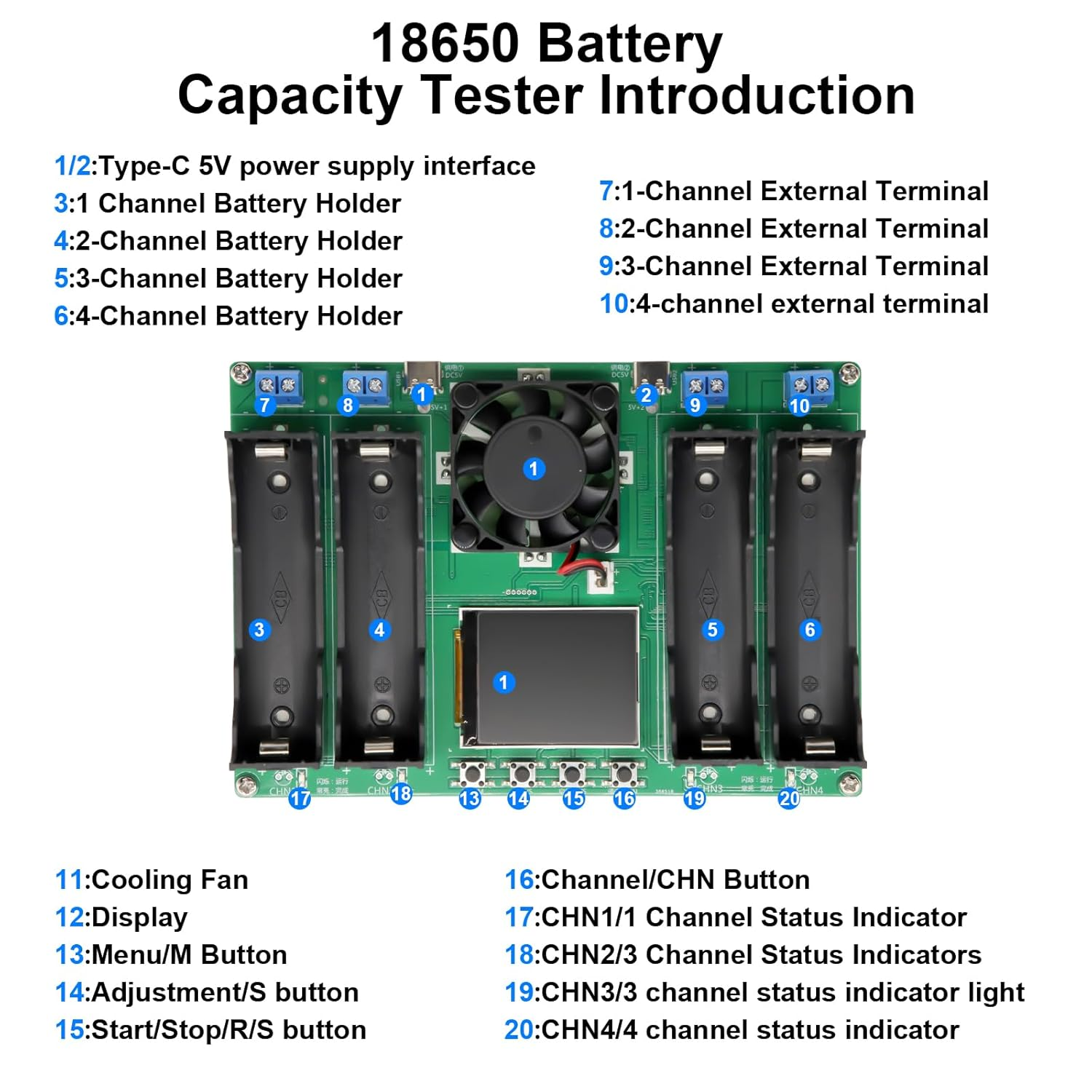 Battery Capacity Tester 18650 with Digital Display, 4 Channel 18650 Battery Capacity Internal Resistance Tester Type-C Interface 4 Charging and 4 Discharge for Lithium Battery image number 5