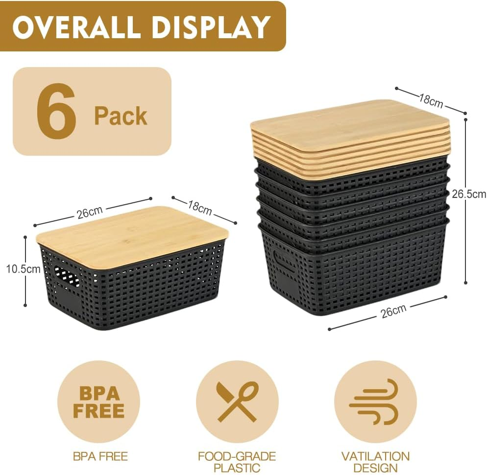 Vivva 6 Pack Plastic Storage Baskets with 30Pcs Labels Bamboo Lid Containers Stackable Bins Basket for Organizing Shelves Drawers Desktop Closet Playroom Classroom Office (Black) - White image number 2