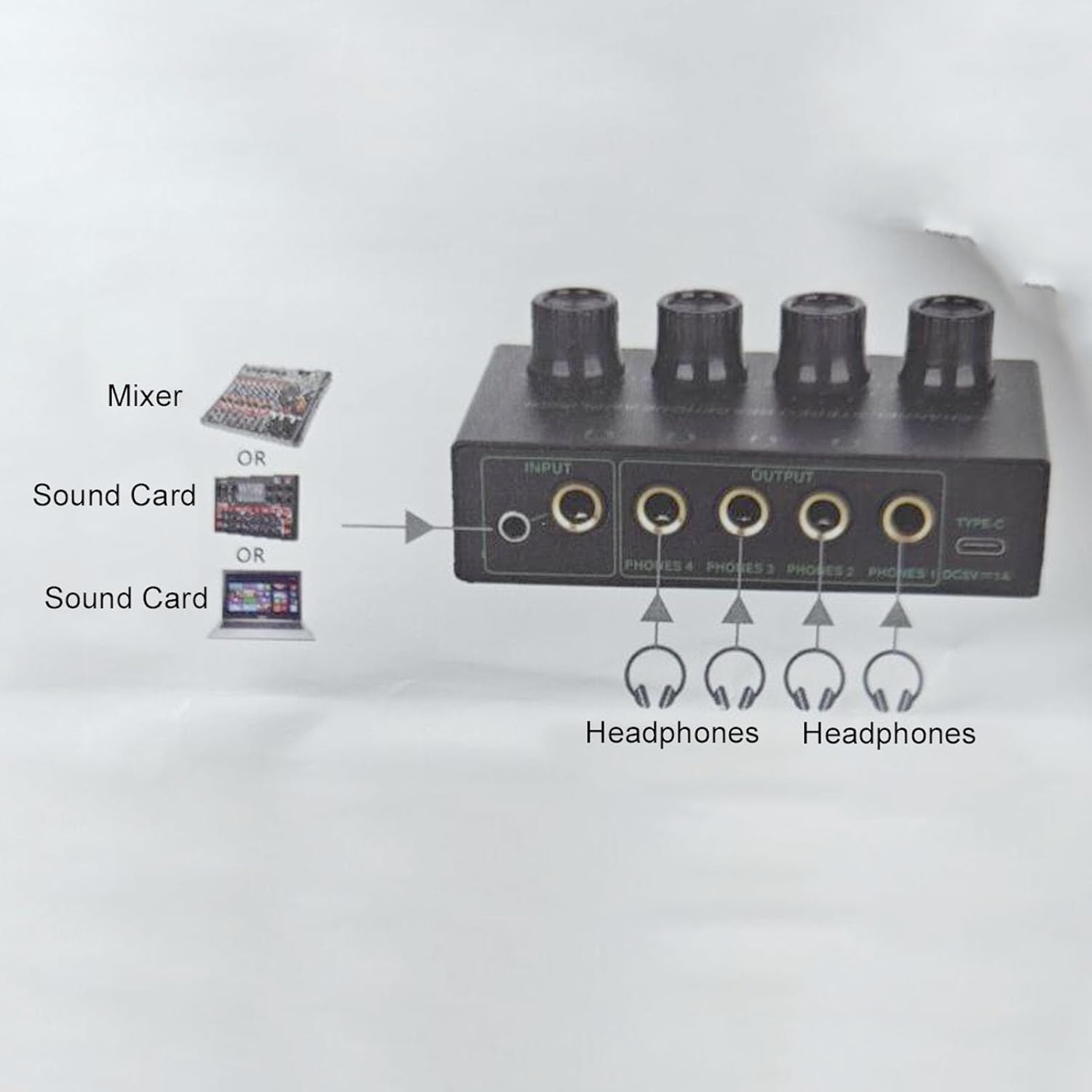 Generic Headphone Amplifier, 4 Channels Metal Stereo Audio Amplifier with Independent Volume Control, Stereo Headphone Amplifier with Knob Volume Adjustment for Studio Stage image number 3